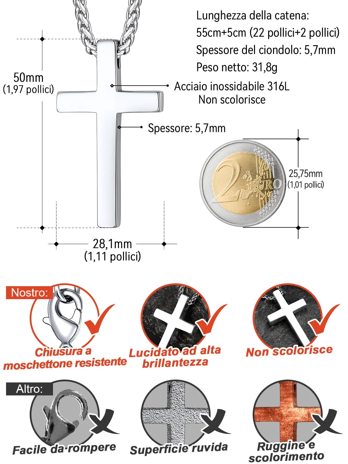 FaithHeart Collana Croce Uomo Acciaio Inox, Ciondolo 50mm e Catena Solida - immagine 3