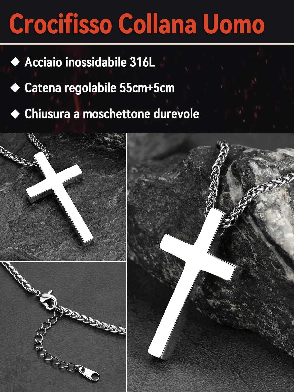 FaithHeart Collana Croce Uomo Acciaio Inox, Ciondolo 50mm e Catena Solida - immagine 5