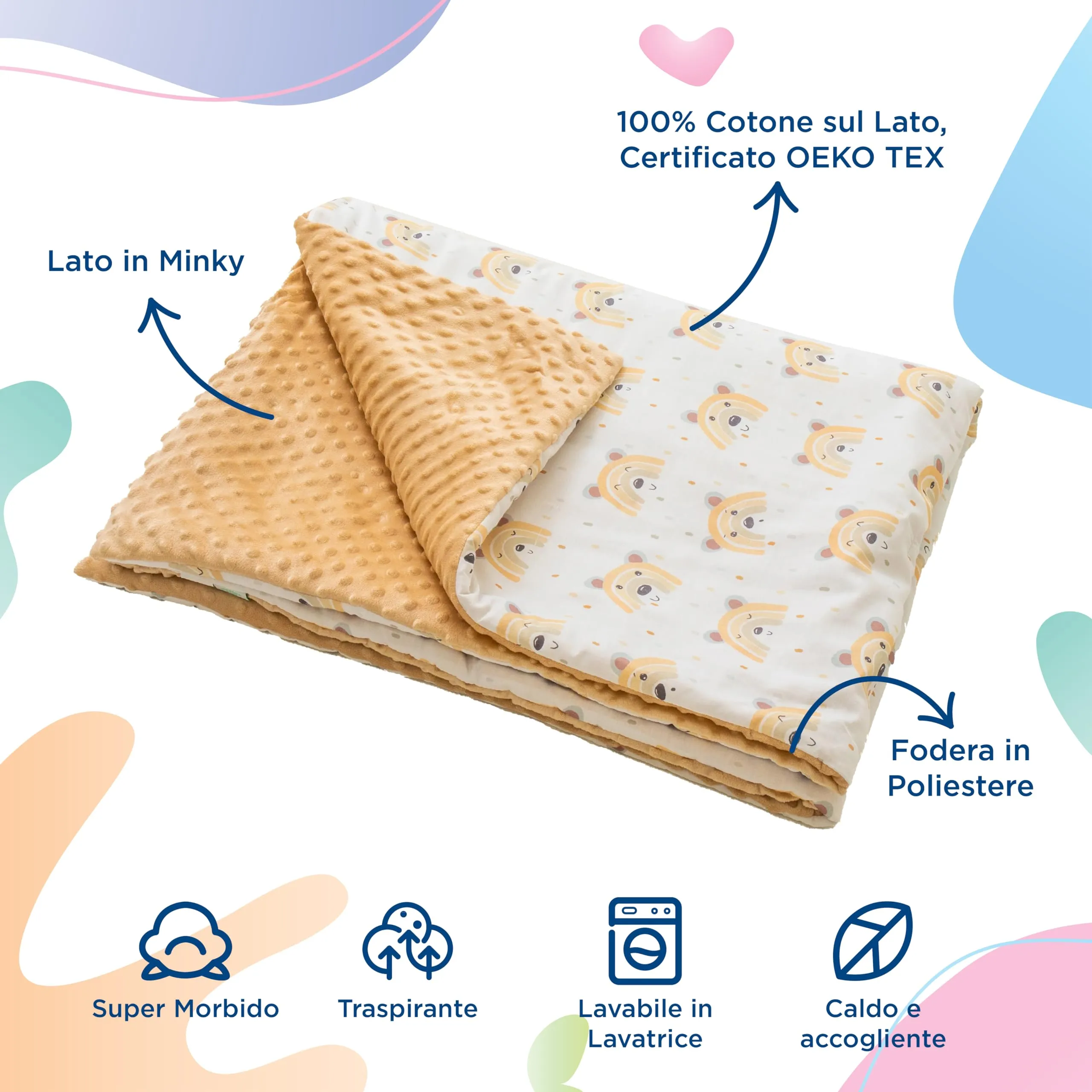 SUPERBE BEBE Copertina Neonato Invernale 75x100 in Cotone Oeko Tex - Bear Rainbow - immagine 3