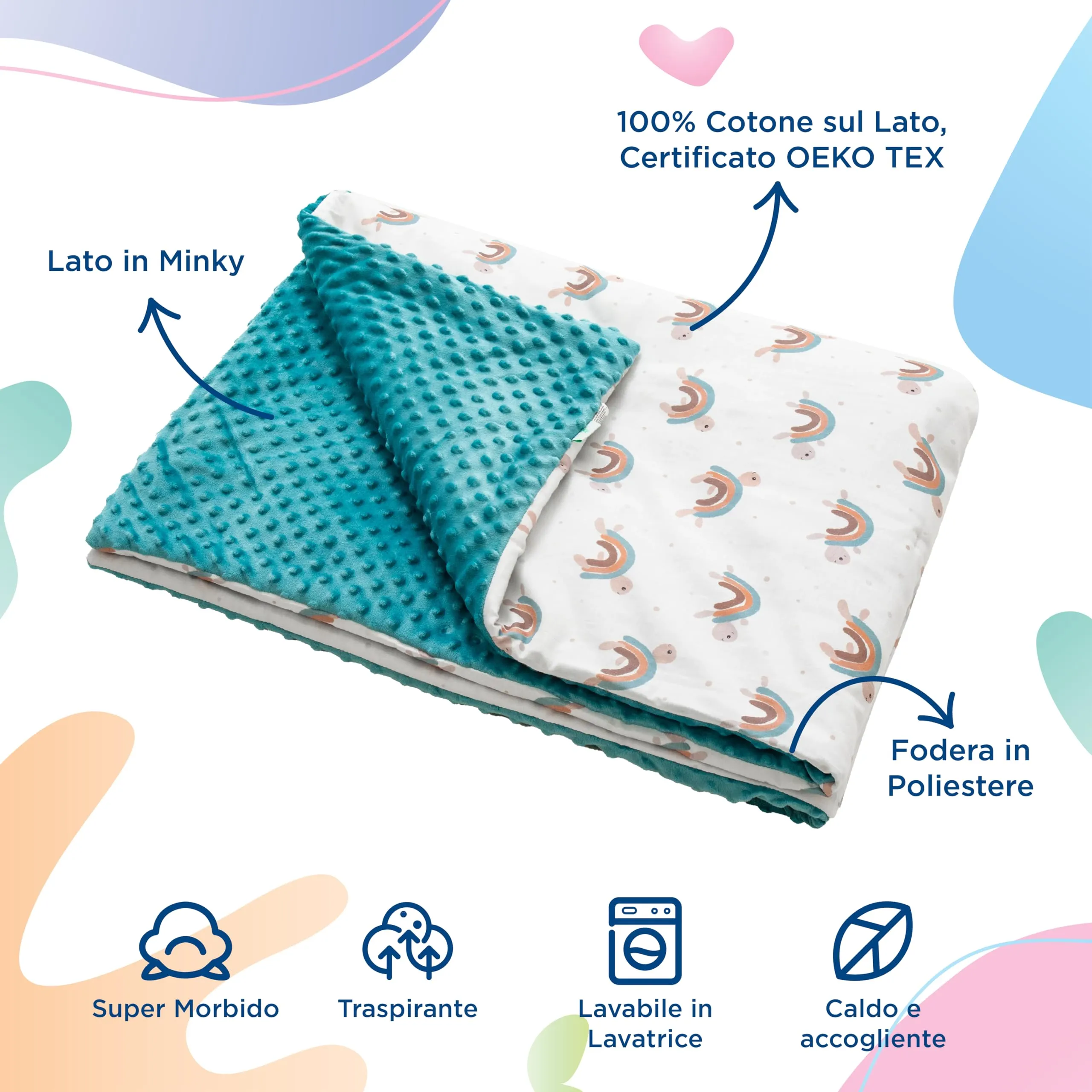 SUPERBE BEBE Copertina Neonato Invernale in Cotone Oeko Tex, 100x135 cm, Turtle Rainbow - immagine 2