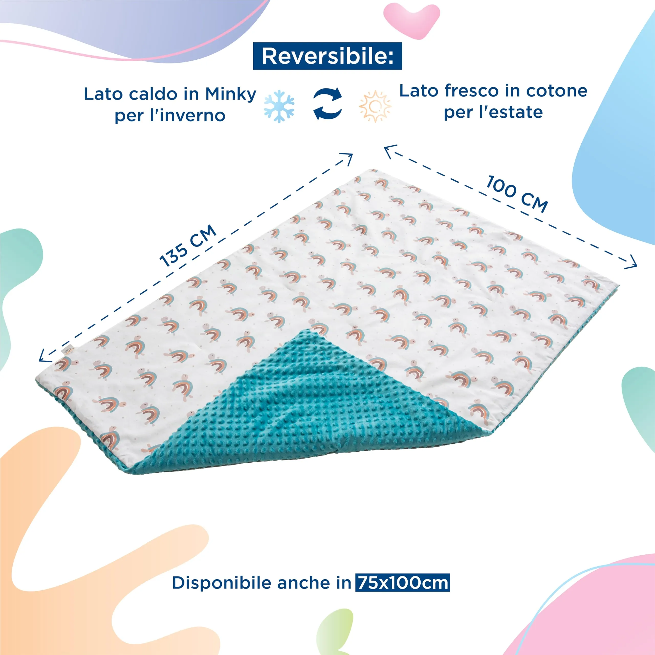 SUPERBE BEBE Copertina Neonato Invernale in Cotone Oeko Tex, 100x135 cm, Turtle Rainbow - immagine 3