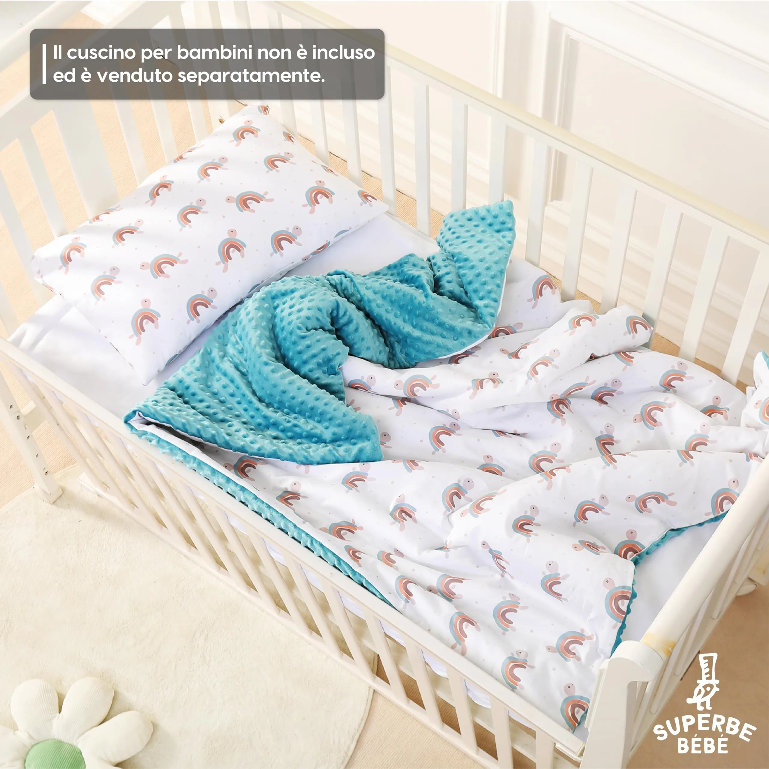 SUPERBE BEBE Copertina Neonato Invernale in Cotone Oeko Tex, 100x135 cm, Turtle Rainbow - immagine 4