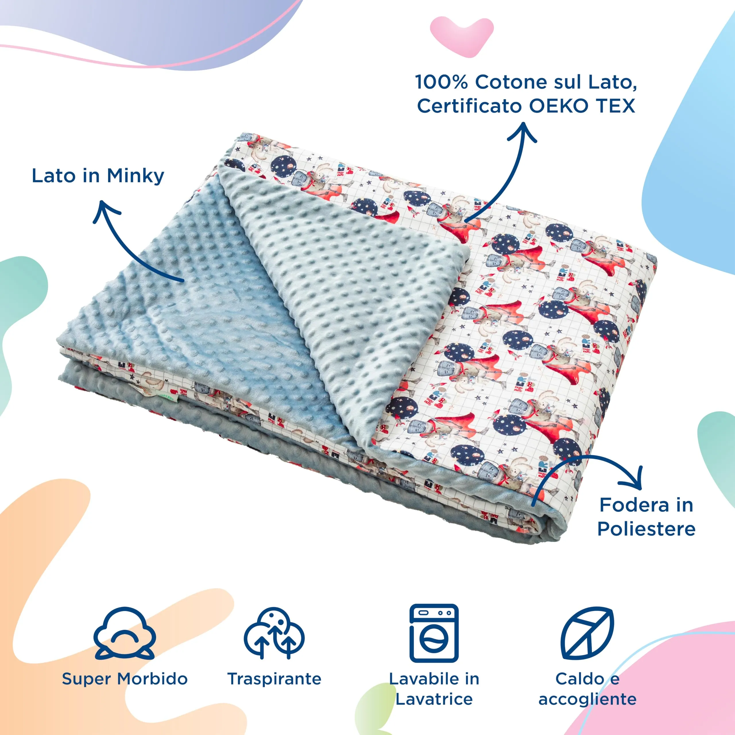 SUPERBE BEBE Copertina Neonato Invernale in Cotone Oeko Tex 100x135cm - Hero Bot - immagine 2