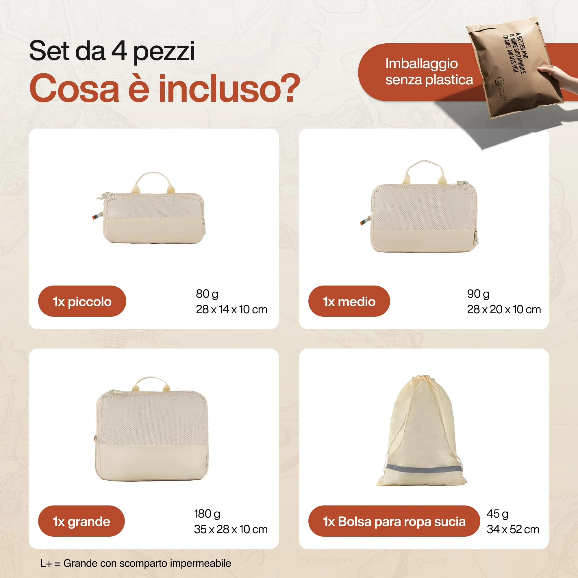Travel Dude Organizer Valigia con Compressione, Packing Cubes Salvaspazio, Set di 4, Beige Sabbia - immagine 7