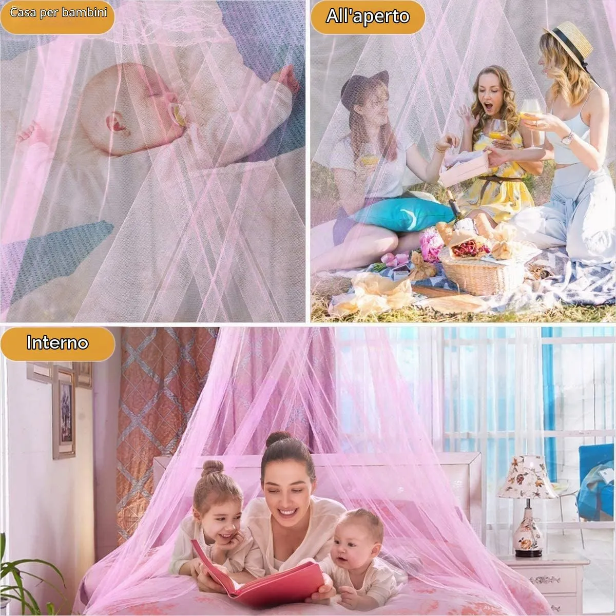 FFTANXS Zanzariera Letto Universale Rosa, Singolo e Matrimoniale, 0.6 x 2.5 x 10.5m, Baldacchino Mesh per Interni ed Esterni - immagine 5