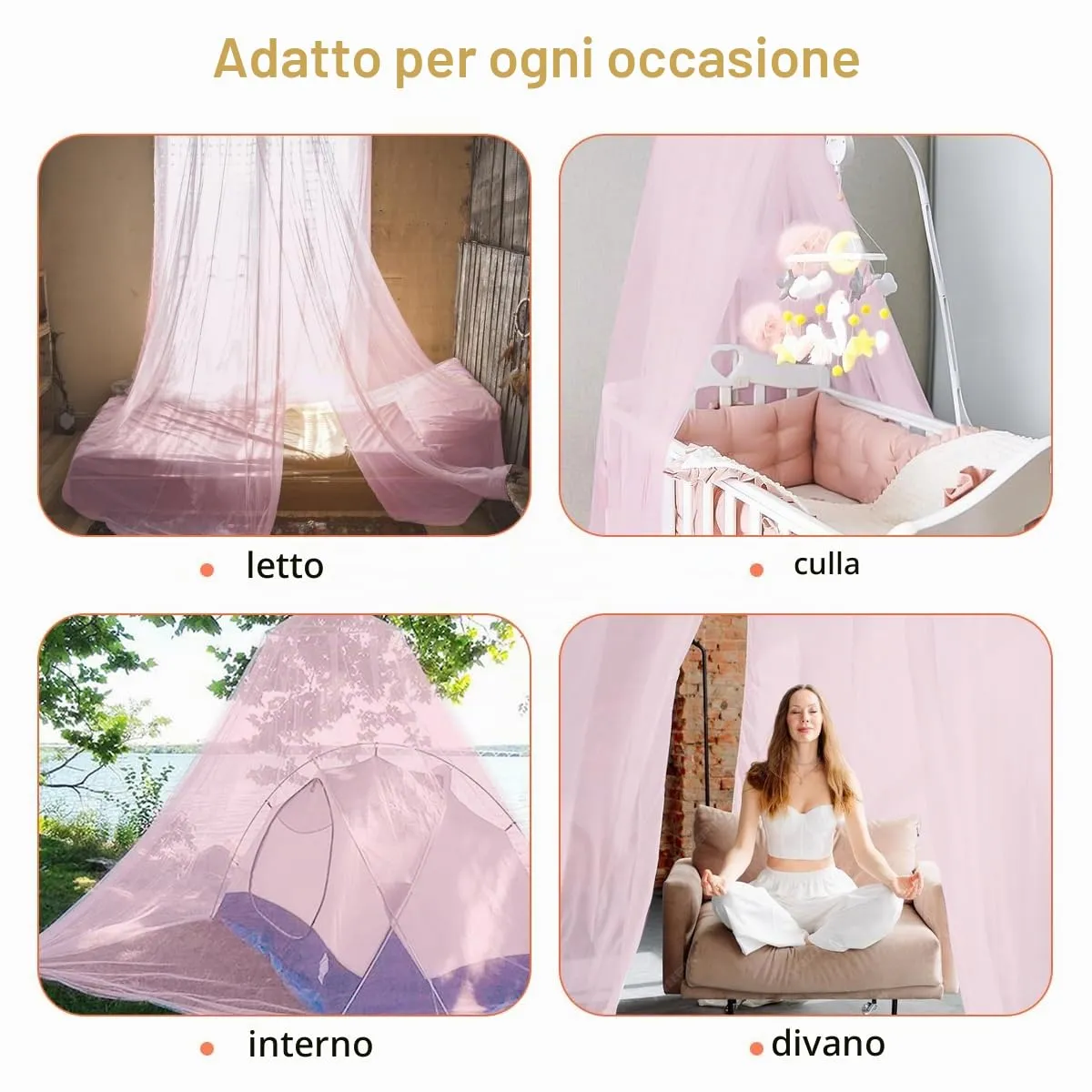 FFTANXS Zanzariera Letto Universale Rosa, Singolo e Matrimoniale, 0.6 x 2.5 x 10.5m, Baldacchino Mesh per Interni ed Esterni - immagine 6