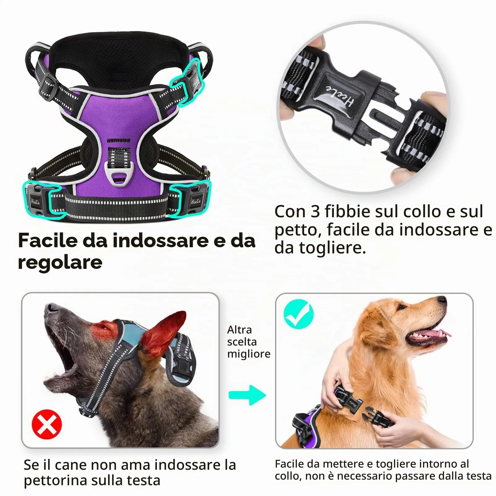 HEELE Pettorina Cane Anti-tiro Riflettente e Regolabile con Maniglia, Porpora M - immagine 3