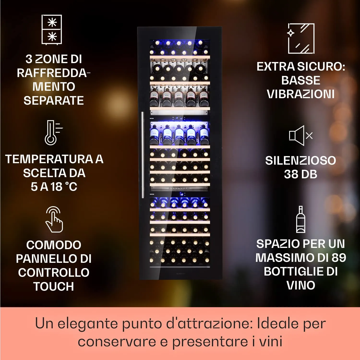 Klarstein Cantinetta Vino a Tre Zone, 246 L, 89 Bottiglie, Touch Control 5-18°C - immagine 2