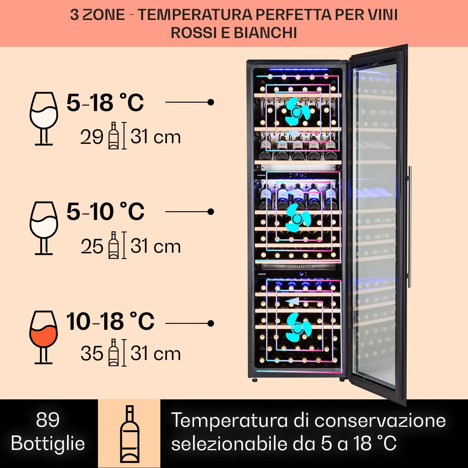 Klarstein Cantinetta Vino a Tre Zone, 246 L, 89 Bottiglie, Touch Control 5-18°C - immagine 3