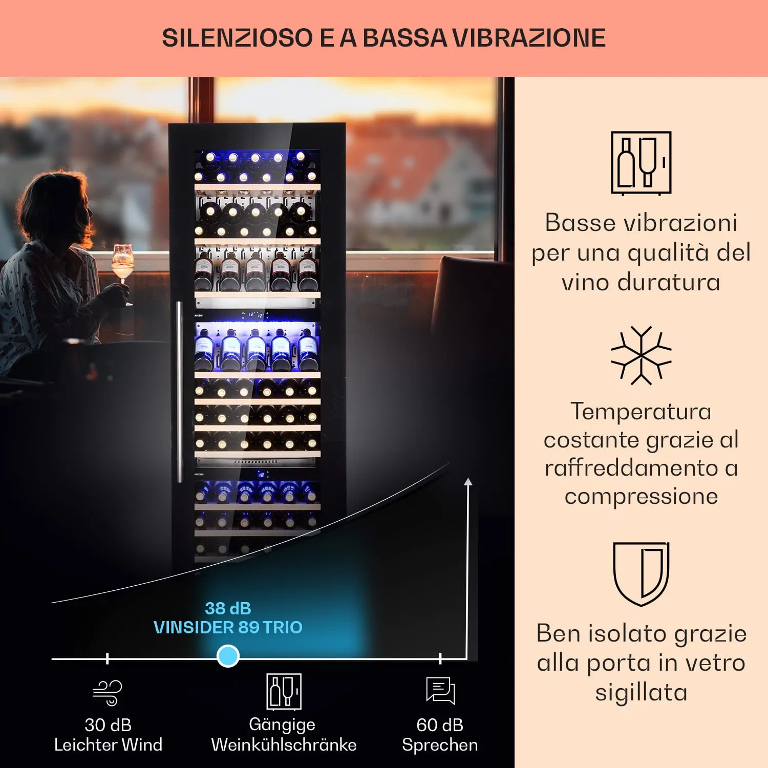 Klarstein Cantinetta Vino a Tre Zone, 246 L, 89 Bottiglie, Touch Control 5-18°C - immagine 4
