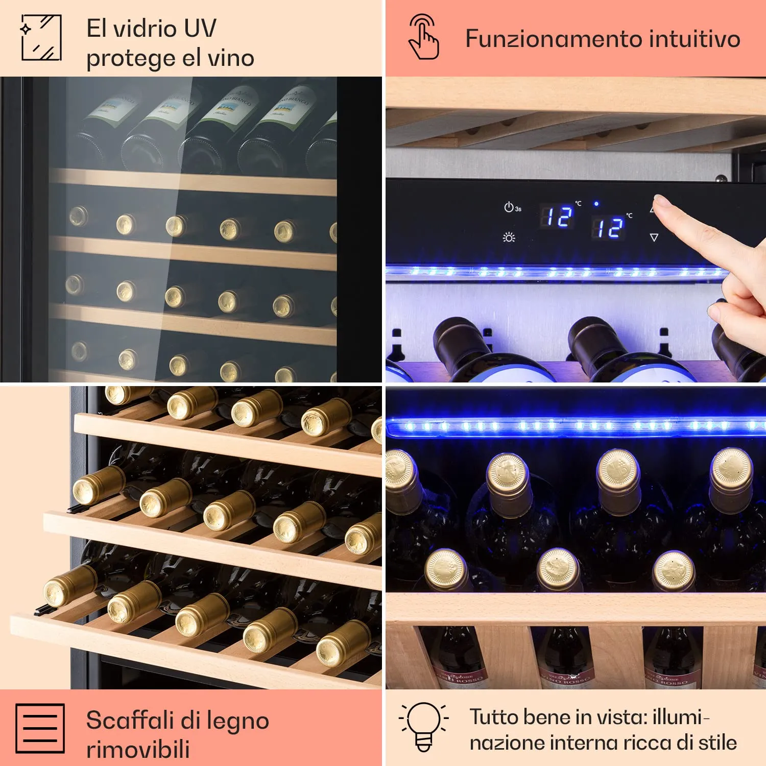 Klarstein Cantinetta Vino a Tre Zone, 246 L, 89 Bottiglie, Touch Control 5-18°C - immagine 5