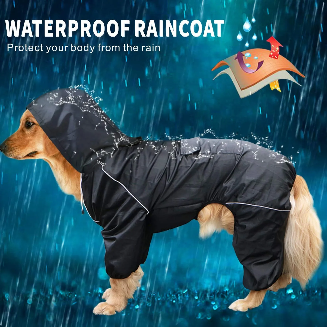 Idepet Impermeabile per Cani con Cappuccio, Poncho per Pioggia Riflettente e Antivento, Nero, 3XL - immagine 2