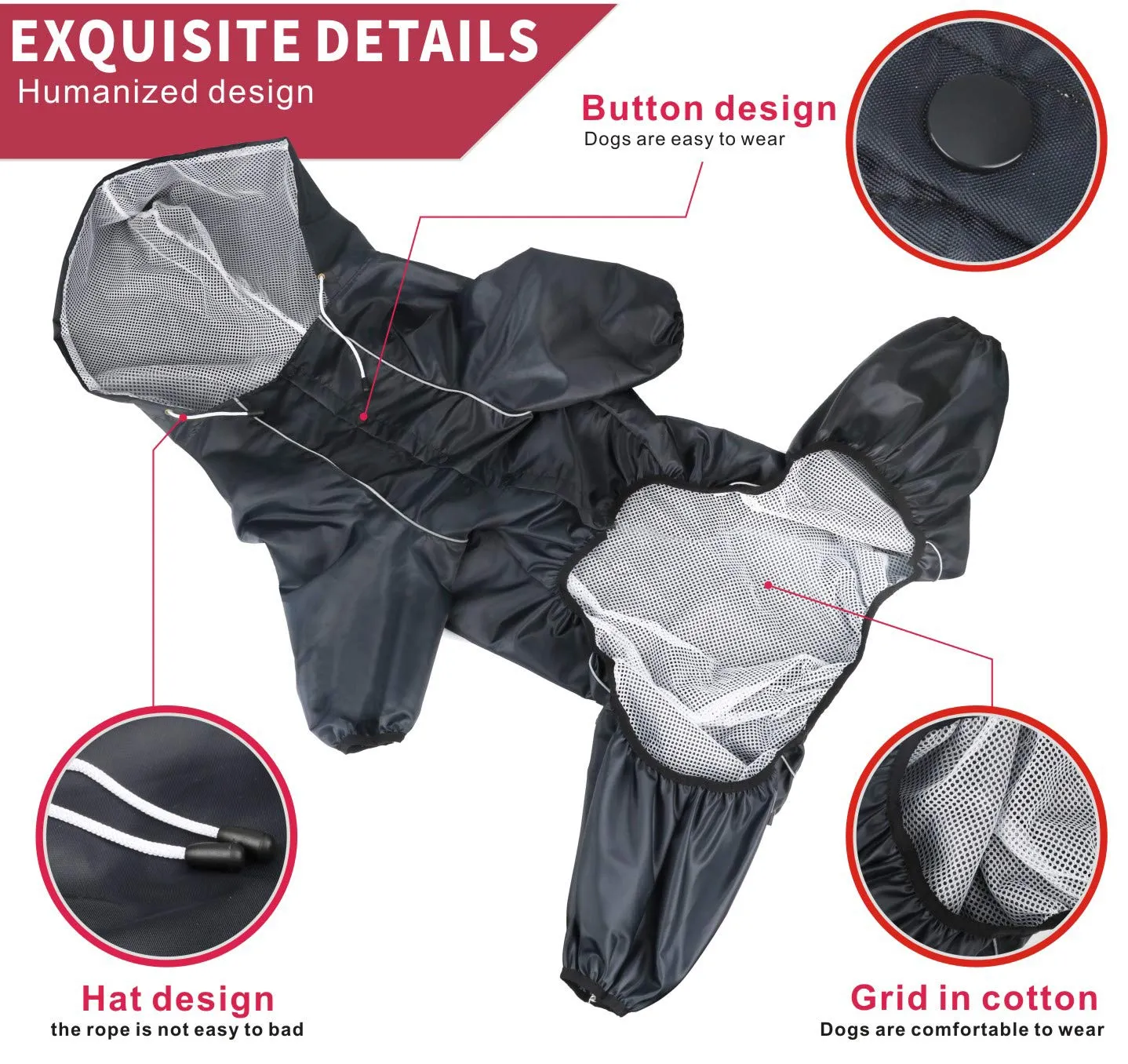 Idepet Impermeabile per Cani con Cappuccio e Foro per Collo, Poncho Antipioggia Riflettente e Antivento, Nero, Taglia L - immagine 5