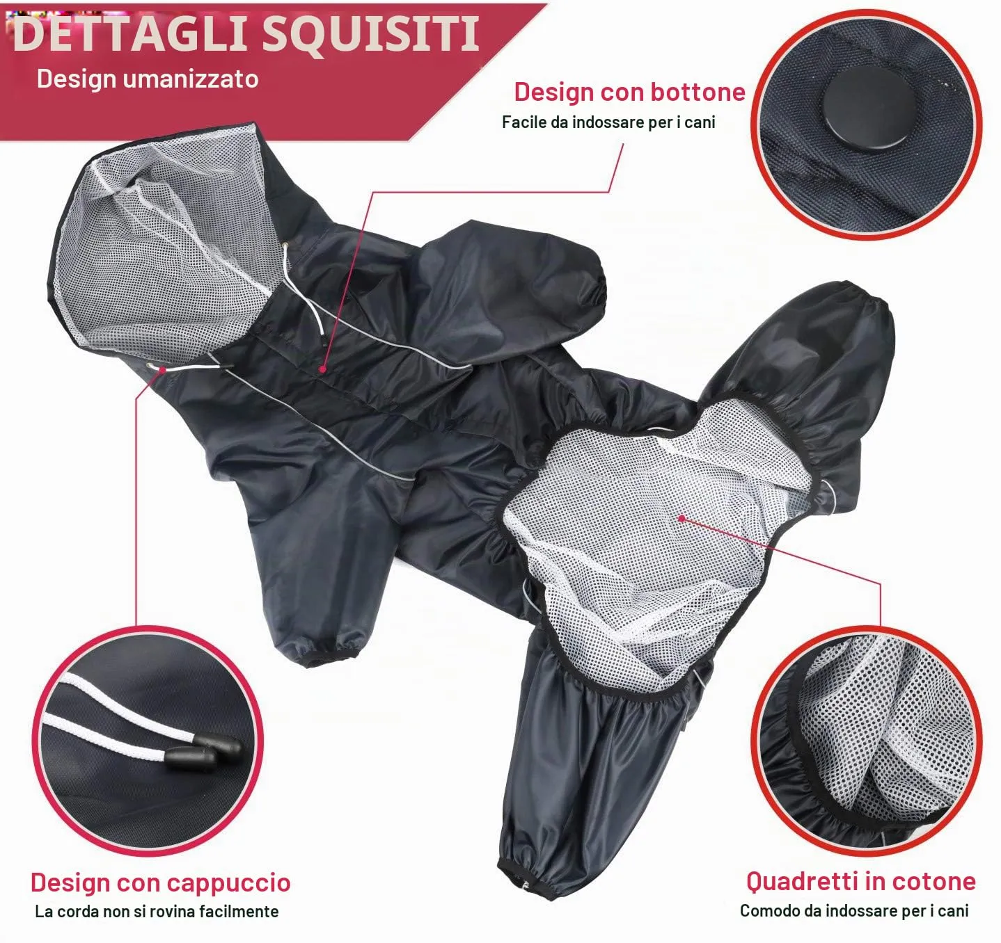 Idepet Impermeabile per Cani con Cappuccio e Foro per Collo, Poncho Antipioggia Riflettente e Antivento, Nero, Taglia M - immagine 5
