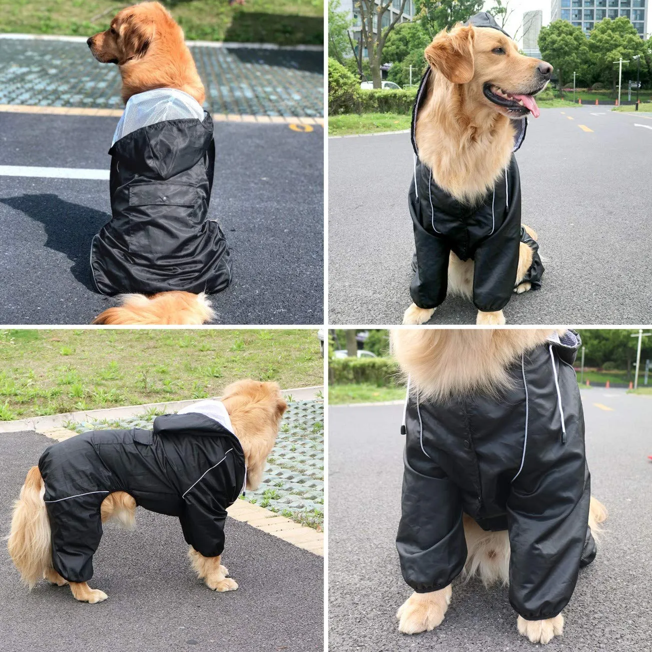 Idepet Impermeabile per cani con cappuccio e foro per collo, poncho per pioggia riflettente e antivento, XL, Nero - immagine 1