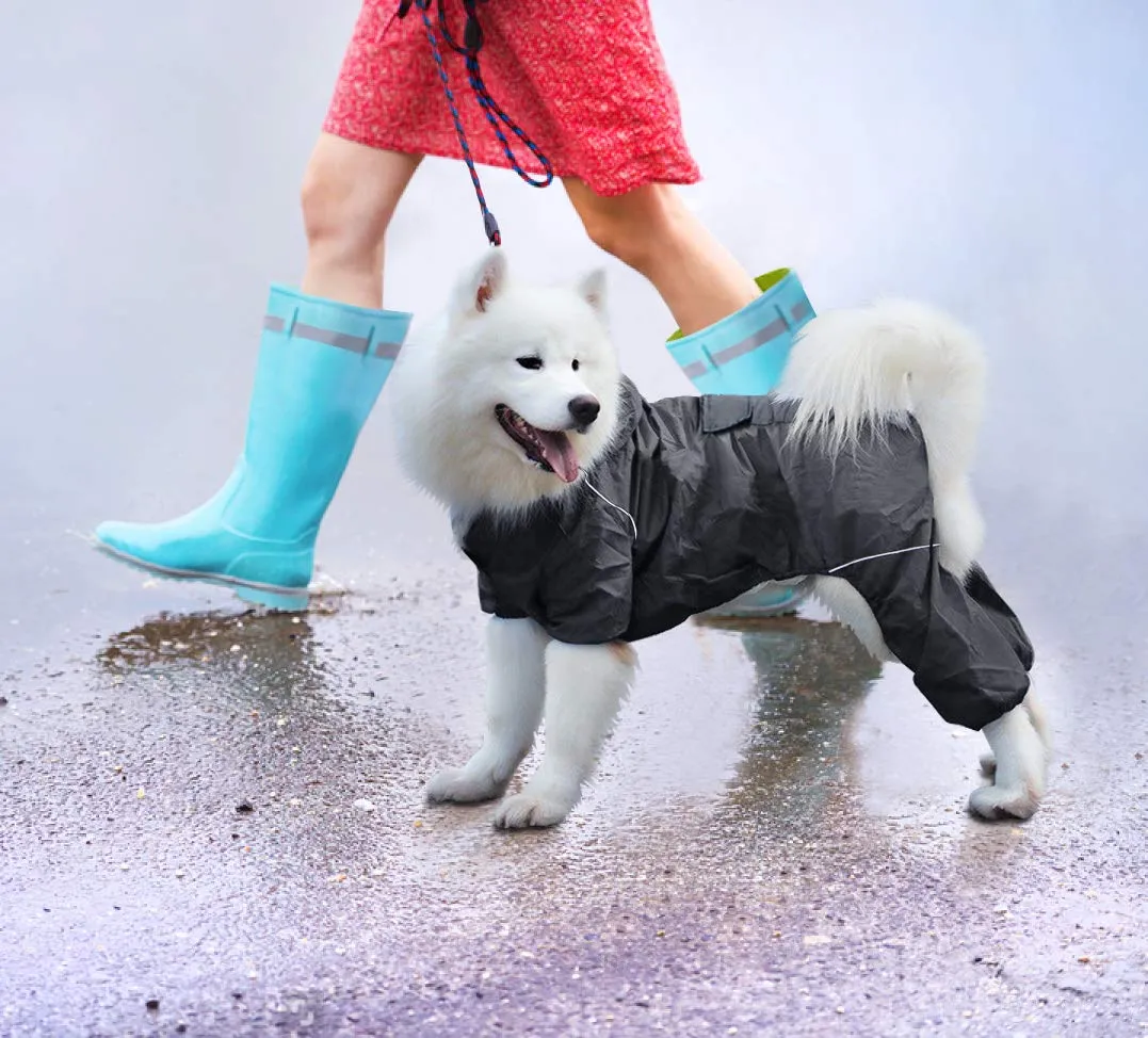 Idepet Impermeabile per cani con cappuccio e foro per collo, poncho per pioggia riflettente e antivento, XL, Nero - immagine 3