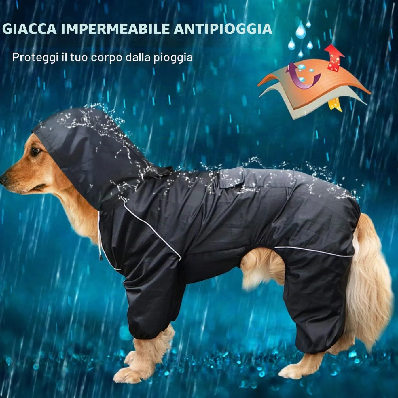 Idepet Impermeabile per cani con cappuccio e foro per collo, poncho riflettente e antivento, 4XL, Nero - immagine 3