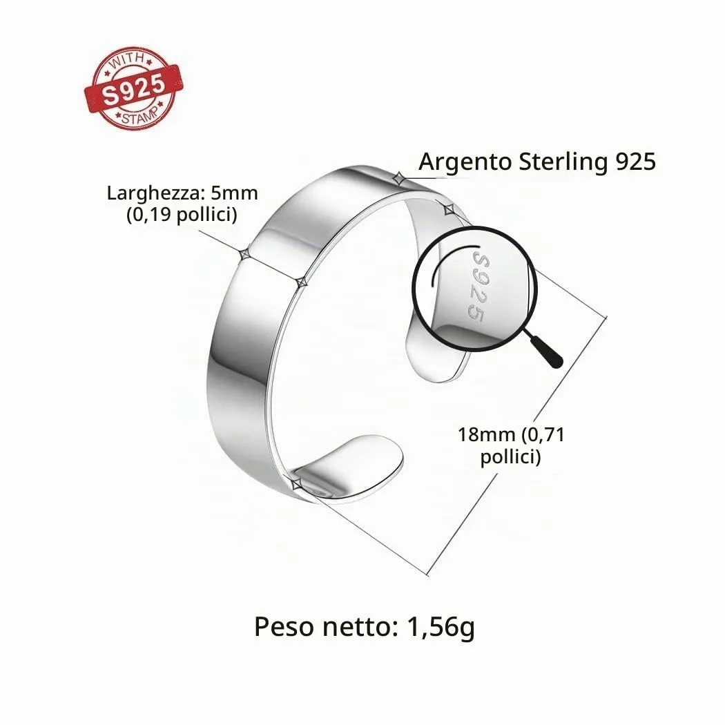 PROSILVER Anello Argento 925, Larghezza 5mm, Aperto Regolabile Unisex - immagine 4