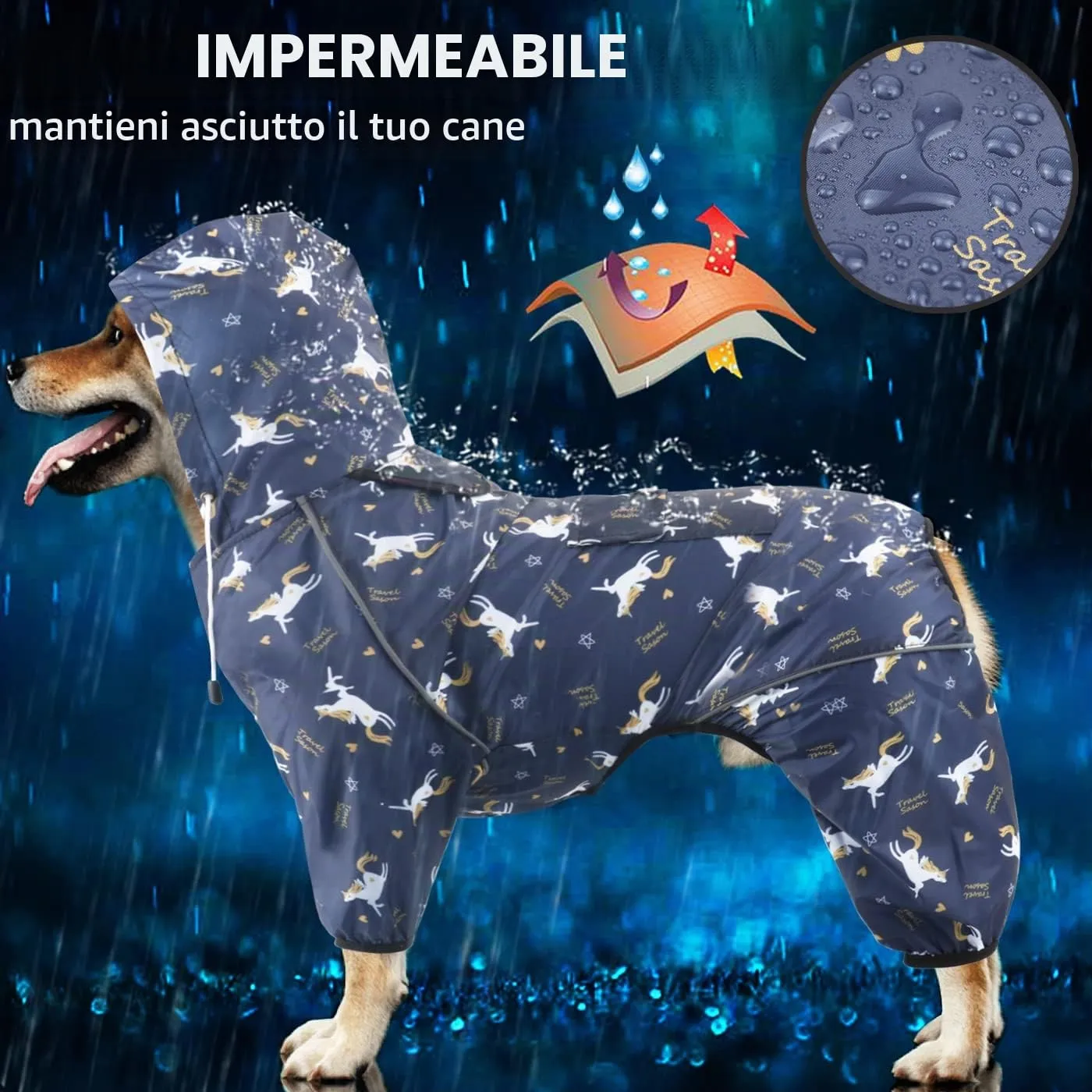 Idepet Impermeabile per Cani con Cappuccio e Foro per Collo, Poncho Antipioggia Riflettente e Antivento, Blu, Taglia L - immagine 2