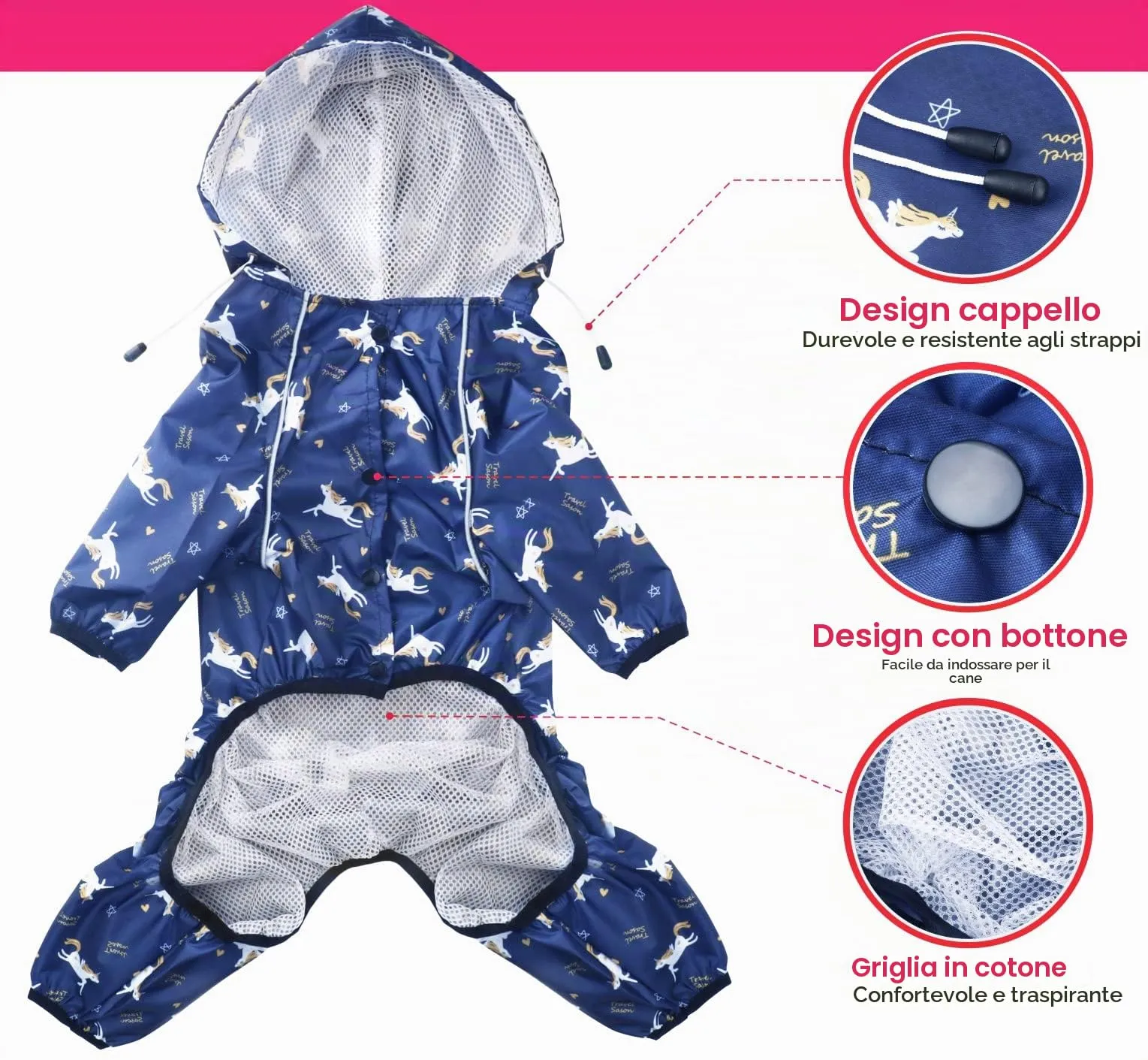 Idepet Impermeabile per Cani con Cappuccio e Foro per Collo, Poncho Antipioggia Riflettente e Antivento, Blu, Taglia L - immagine 3