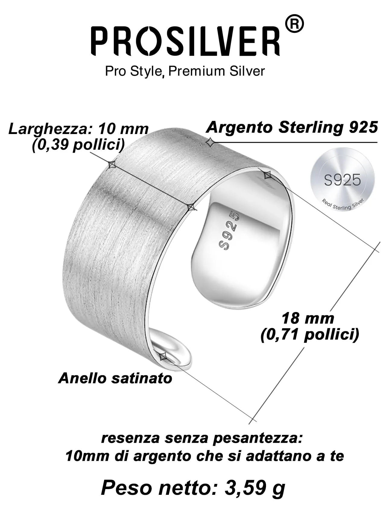 PROSILVER Anello Argento 925, Larghezza 10mm, Taglia Regolabile 12-27 - immagine 4
