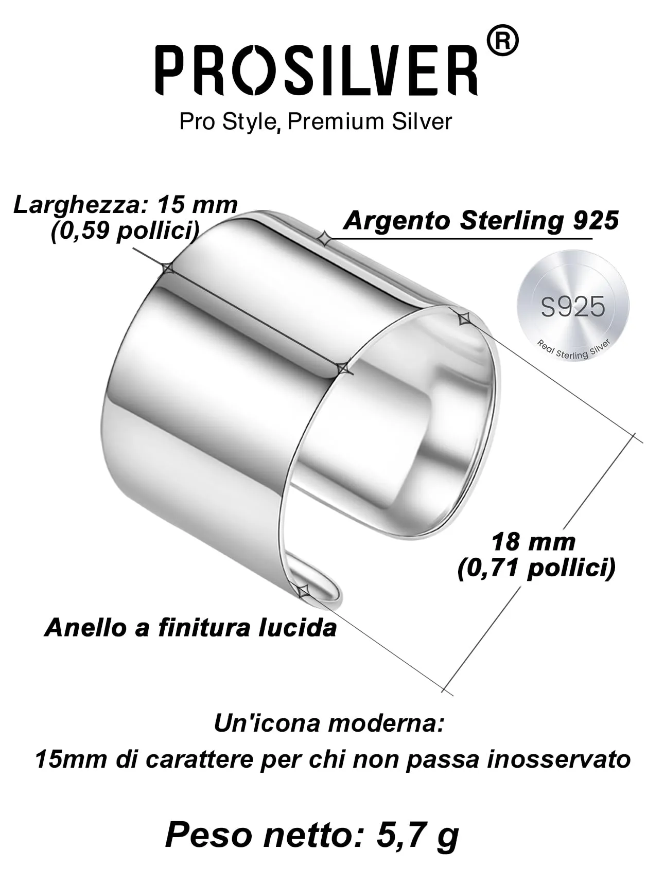 PROSILVER Anello Argento 925, Larghezza 15mm, Taglia Regolabile 12-27, Unisex - immagine 4