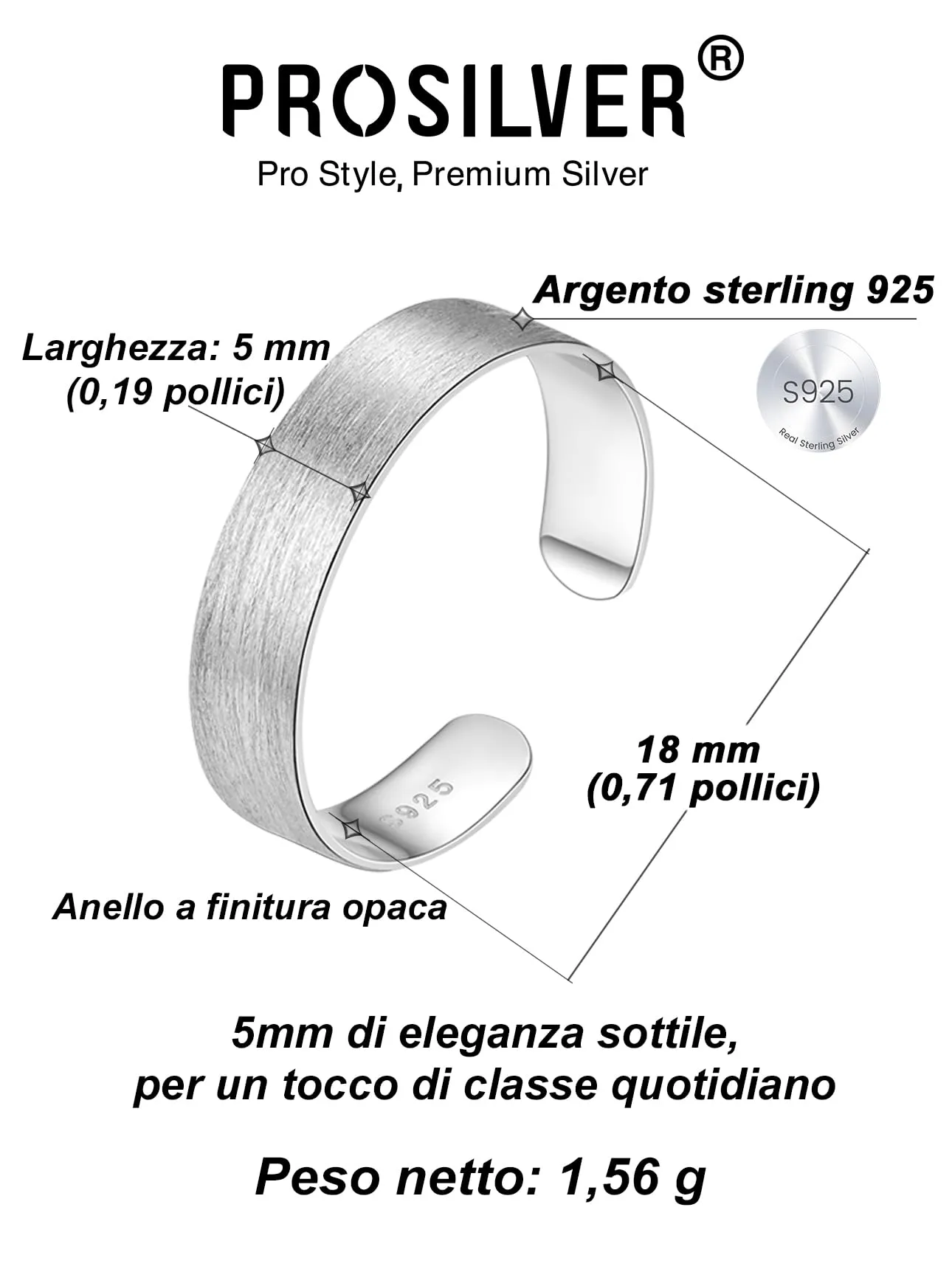 PROSILVER Anello in Argento 925, Larghezza 5mm, Taglia Regolabile 12-27 - immagine 4