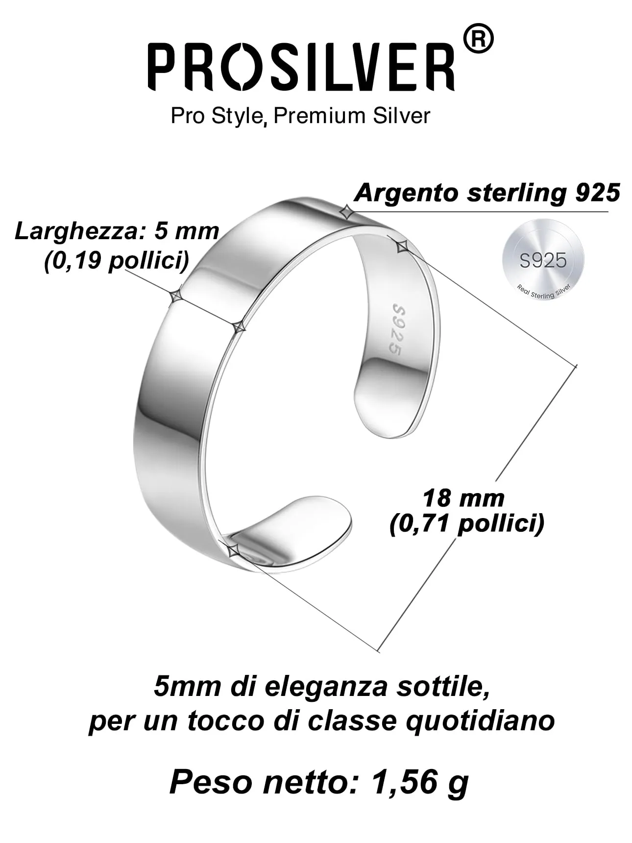 PROSILVER Anello Argento 925, Larghezza 5mm, Aperto e Regolabile (Taglia 12-27) per Donna e Uomo - immagine 4