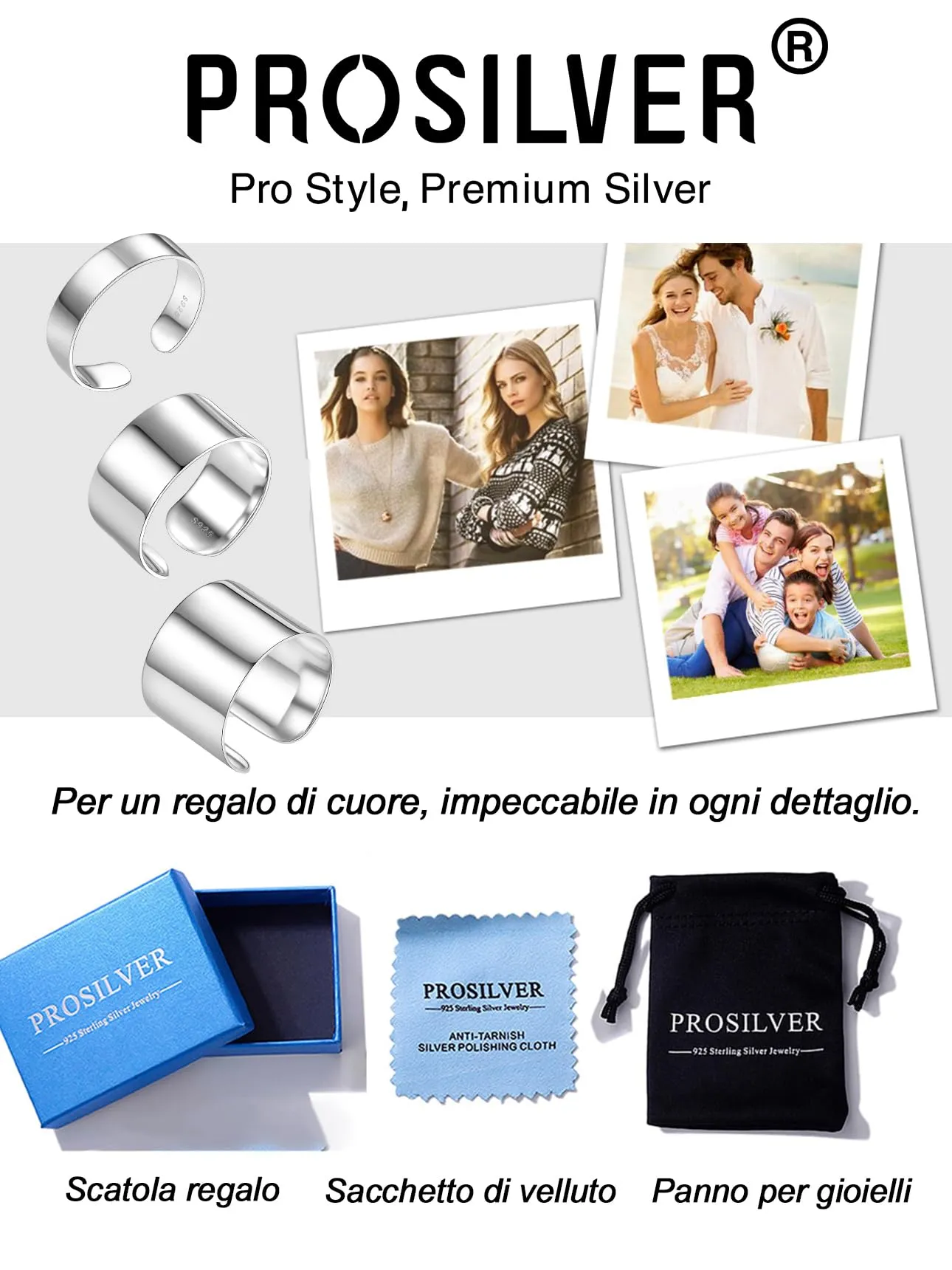 PROSILVER Anello Argento 925, Larghezza 5mm, Aperto e Regolabile (Taglia 12-27) per Donna e Uomo - immagine 6
