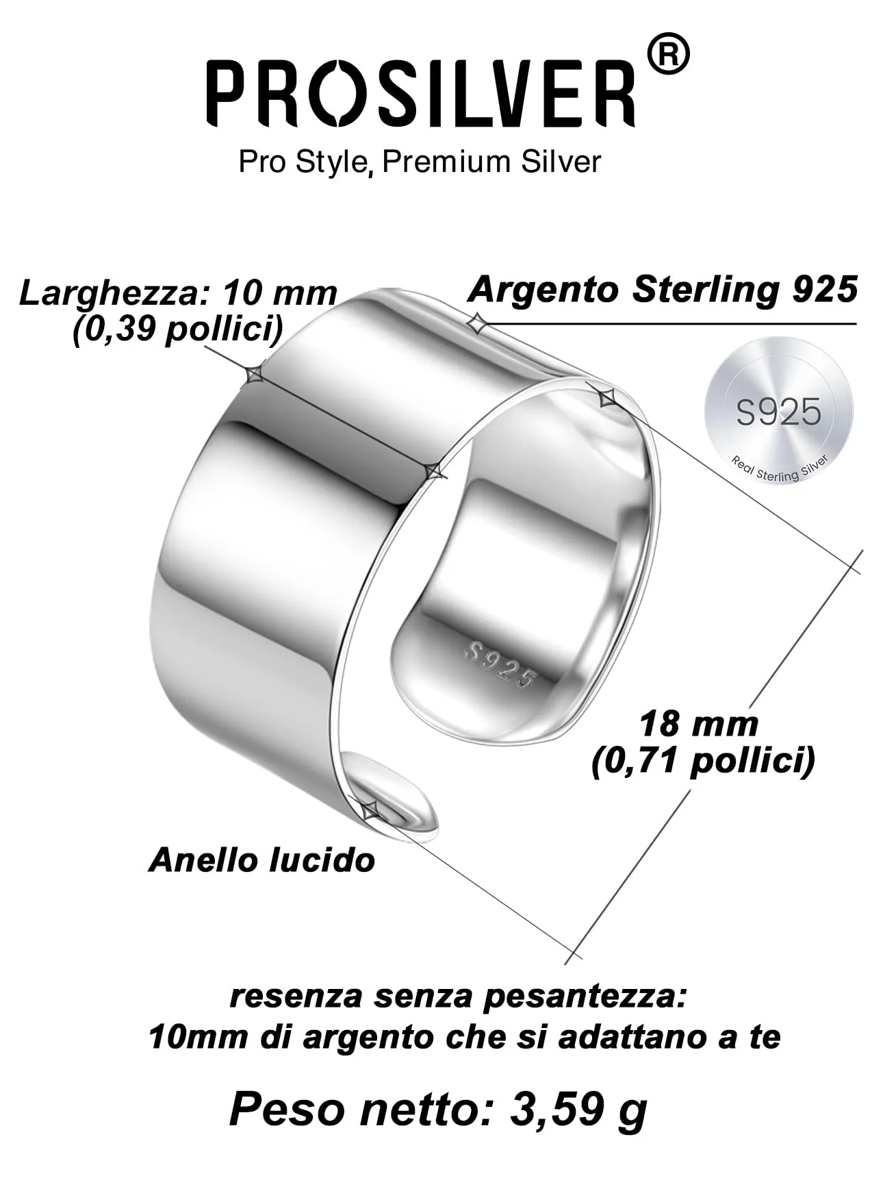 PROSILVER Anello Argento 925, Larghezza 10mm, Aperto Regolabile Unisex - immagine 4