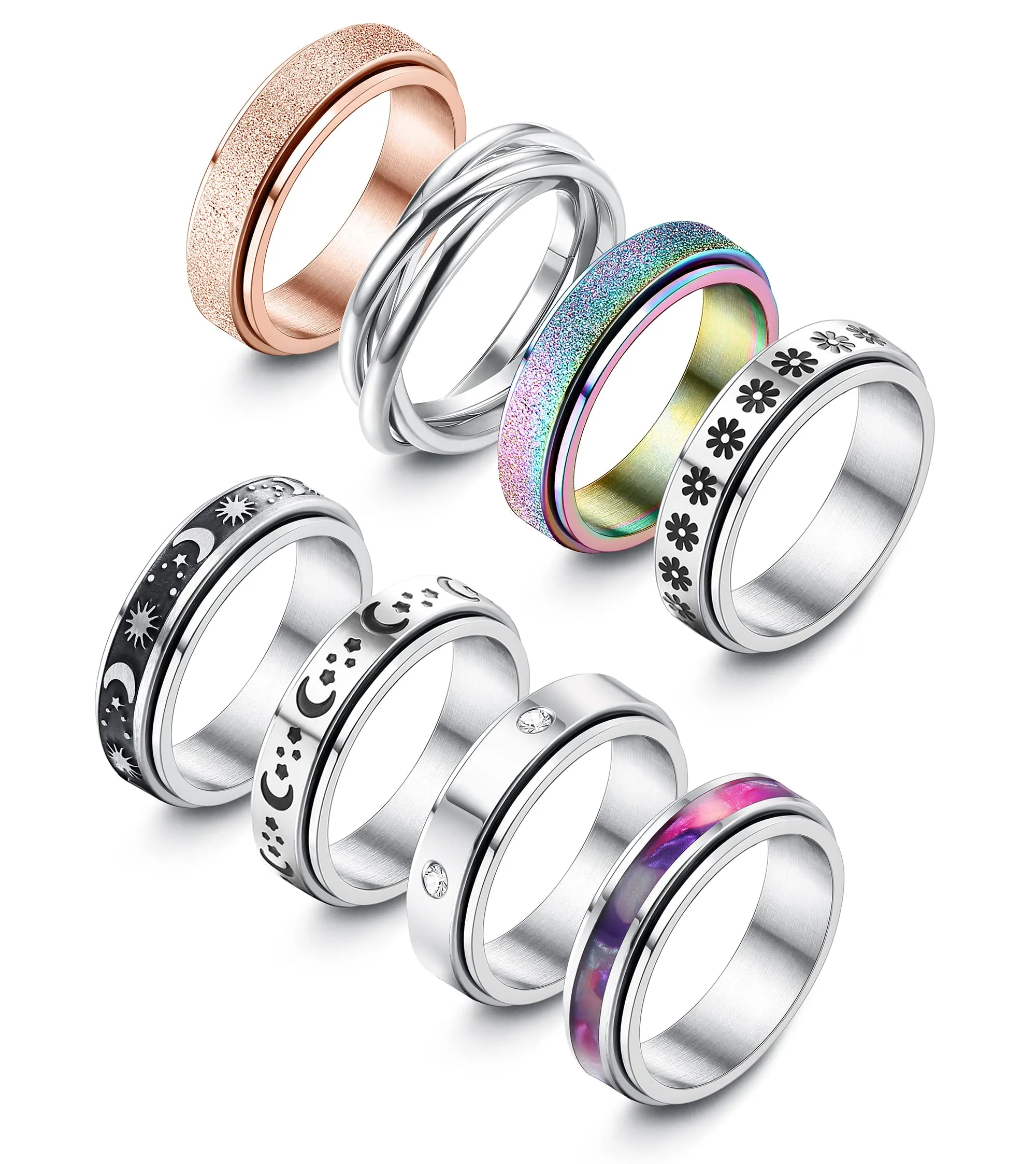 ADRAMATA 8 Pezzi Fidget Anelli Ansia in Acciaio Inossidabile per Donna - immagine 1