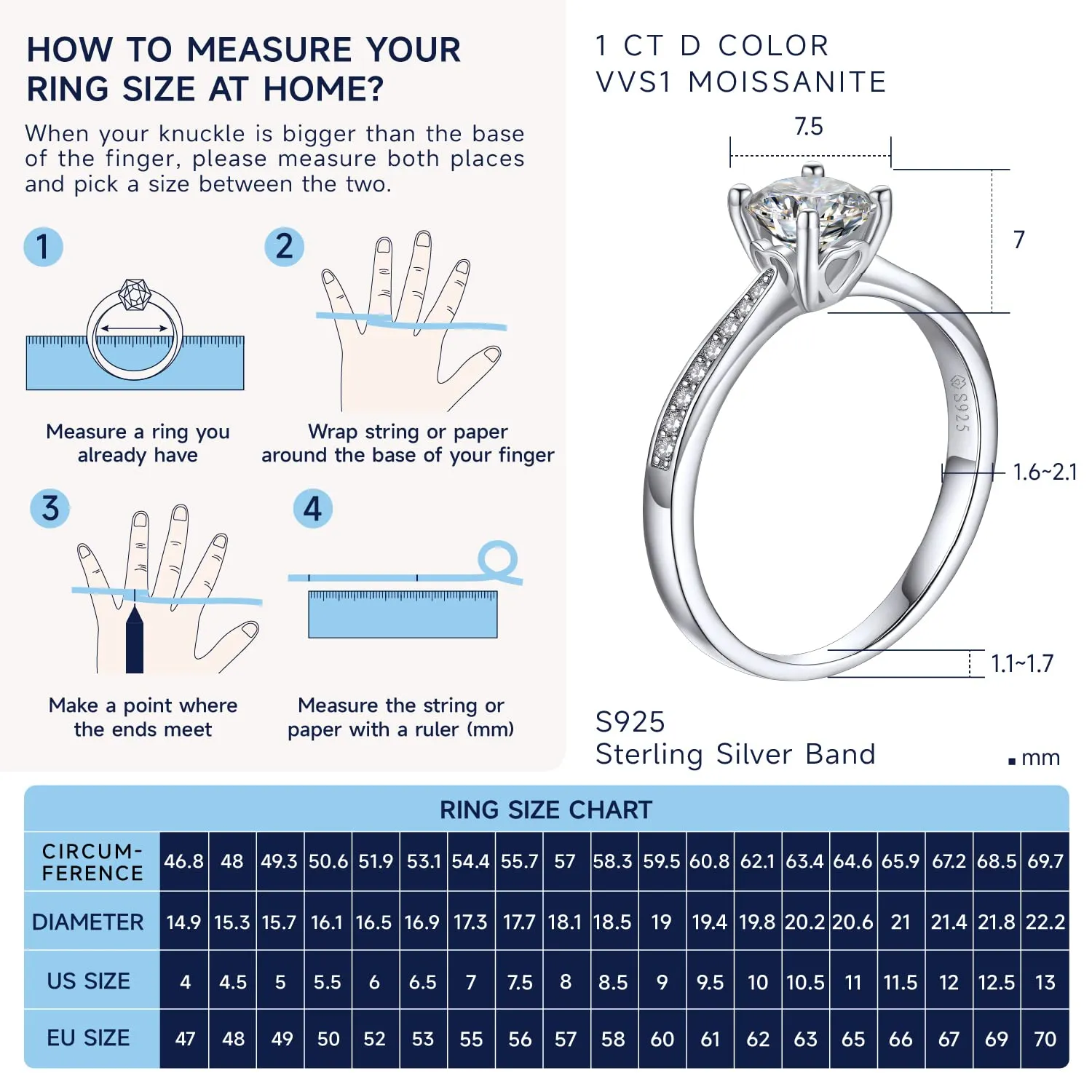 MomentWish Anello Donna 1ct Moissanite Fidanzamento Argento 925 Taglia 55 - immagine 6