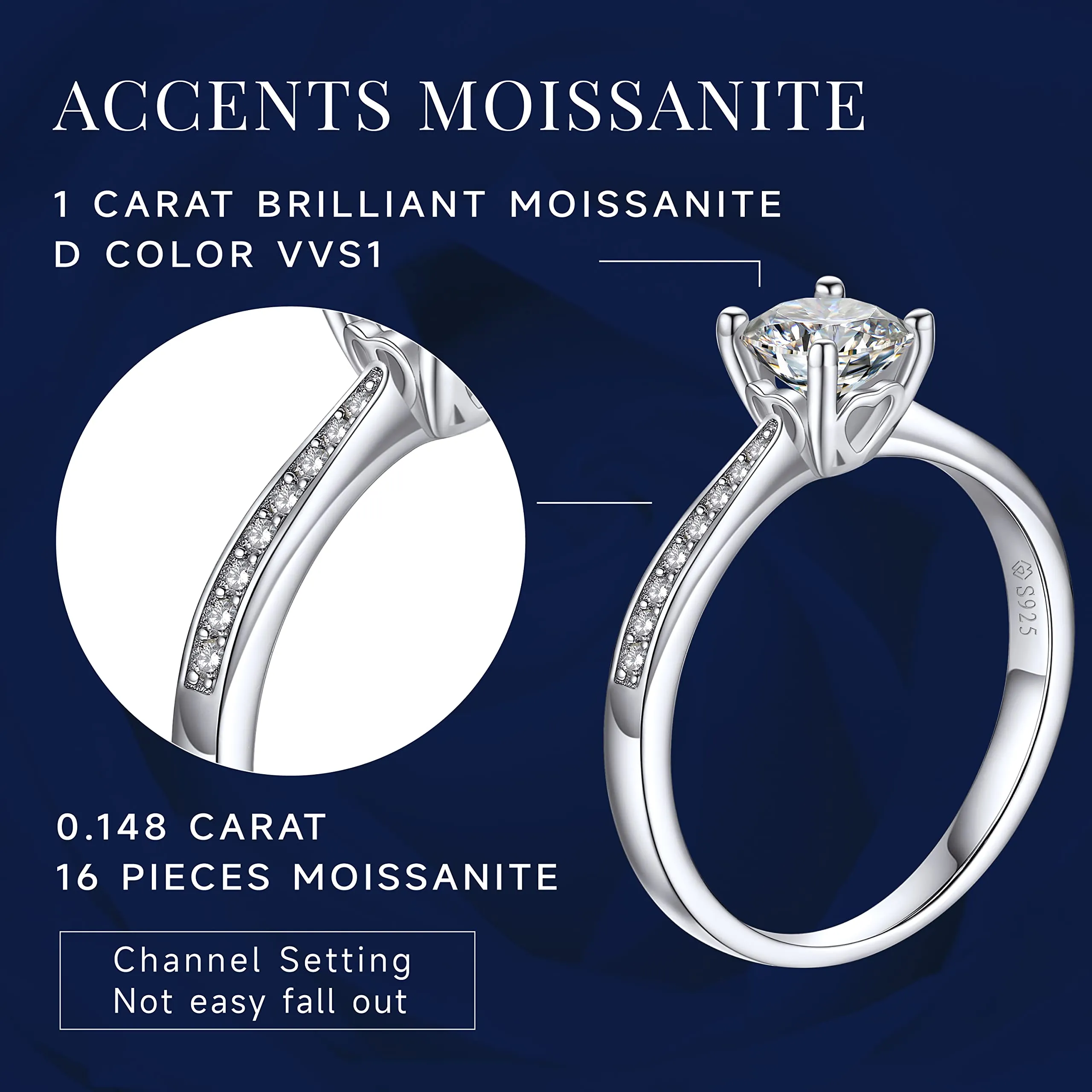 MomentWish Anello di Fidanzamento Donna 1ct Moissanite Argento 925 Oro Rosa Taglia 57 - immagine 4