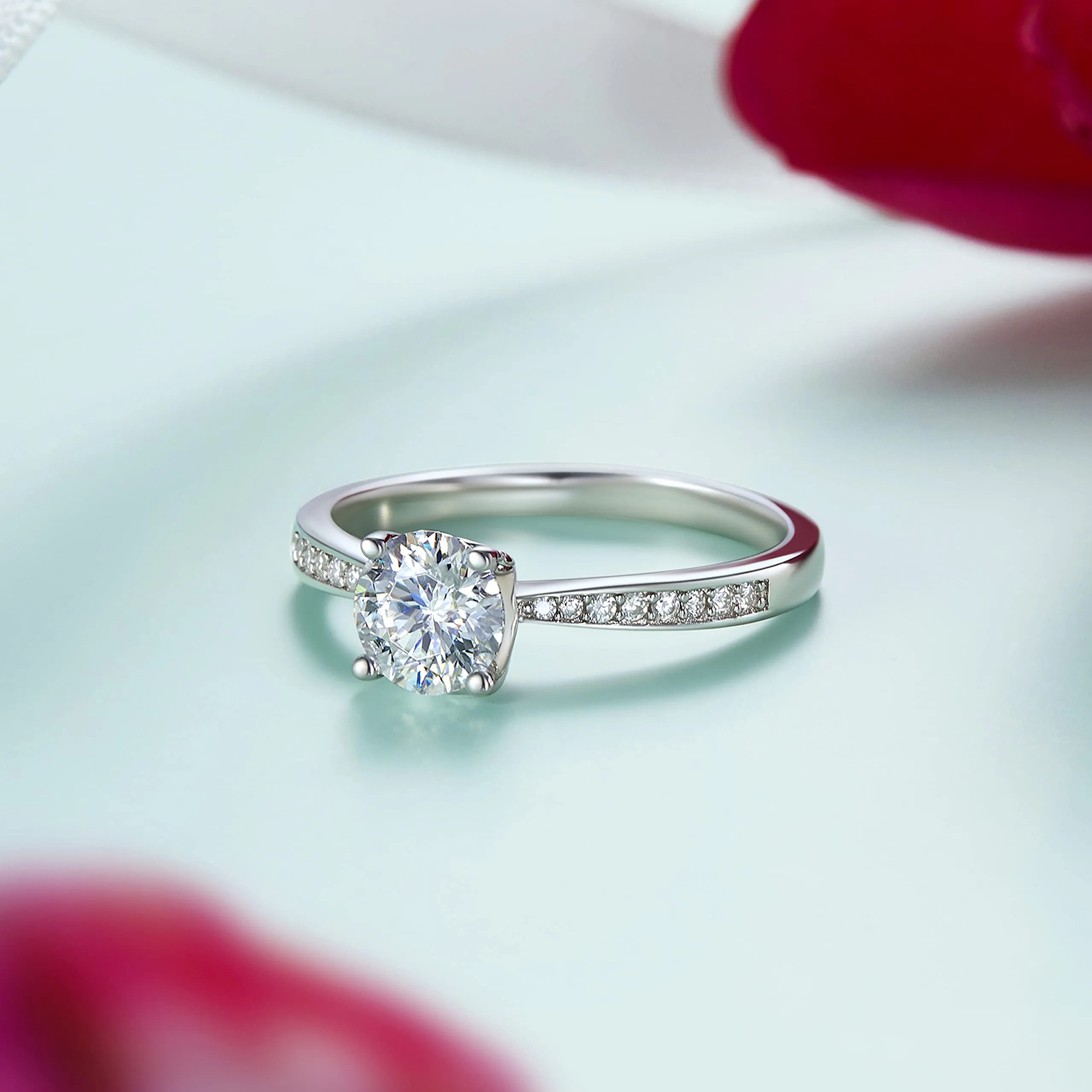 MomentWish Anello di Fidanzamento Donna 1ct Moissanite Argento 925 Oro Rosa Taglia 57 - immagine 9
