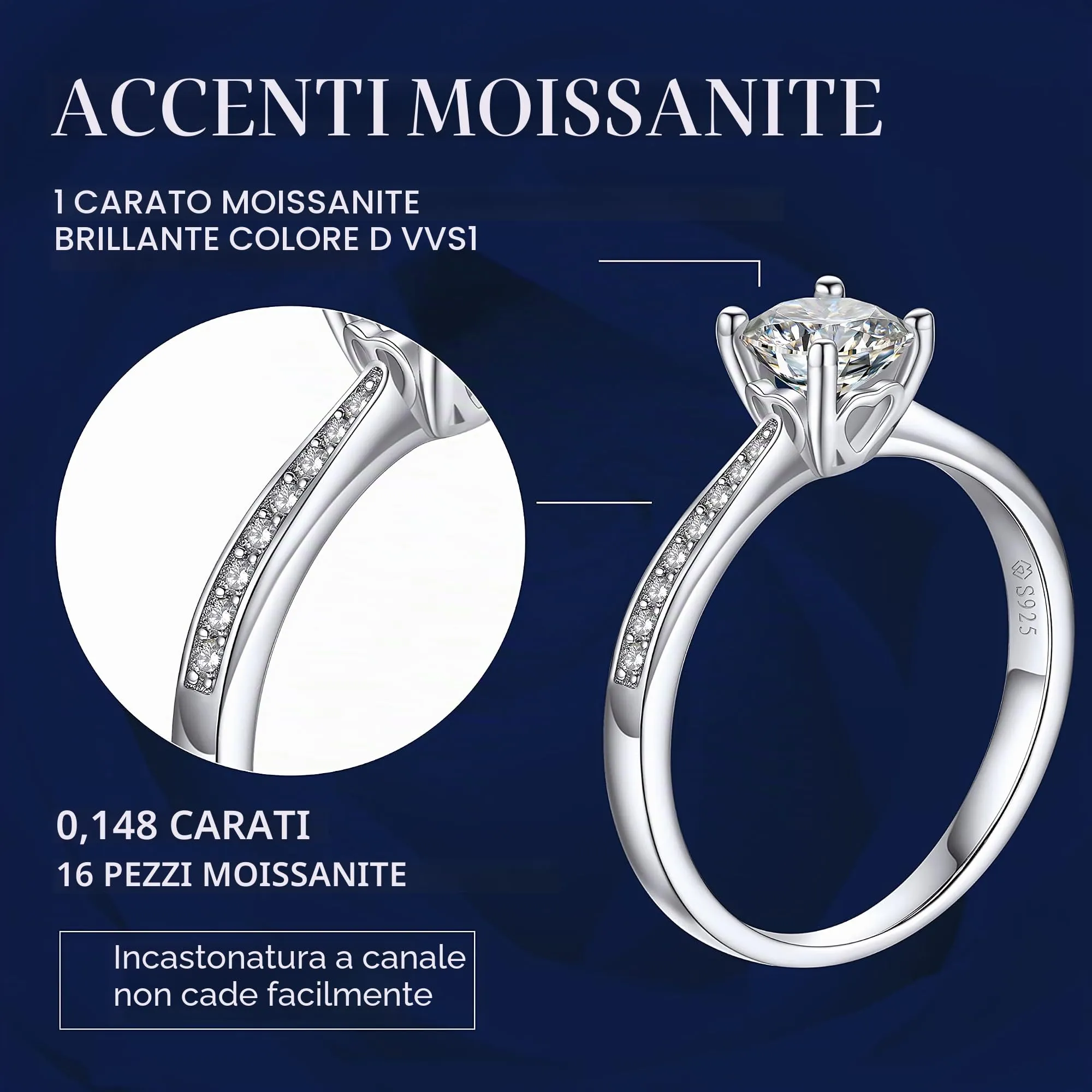 MomentWish Anello di Fidanzamento Donna in Argento 925 Oro Rosa con Moissanite 1ct, Taglia 56 - immagine 4