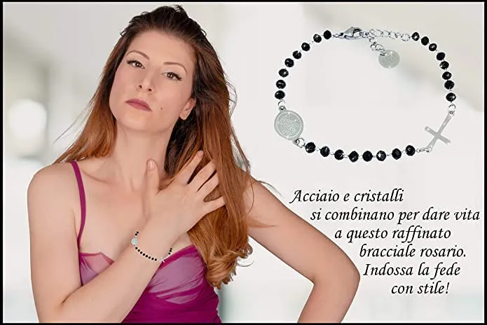 SAGA GIOIELLI Bracciale Rosario Cristalli Neri Acciaio per Donna Uomo - immagine 3