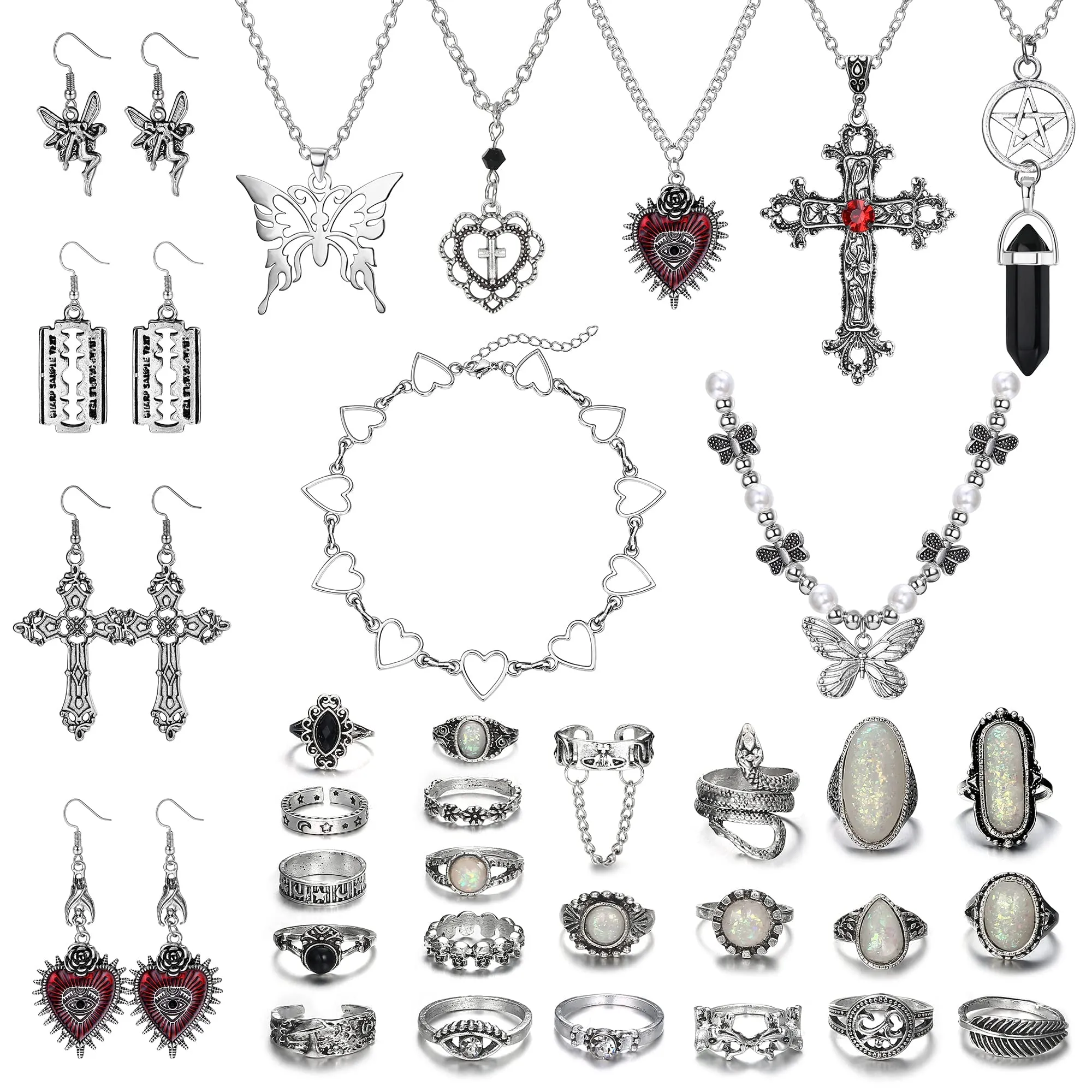 JeryWe Set Gioielli Gotici Grunge 33 Pezzi, Collane, Orecchini e Anelli Regolabili Punk Y2K - immagine 1