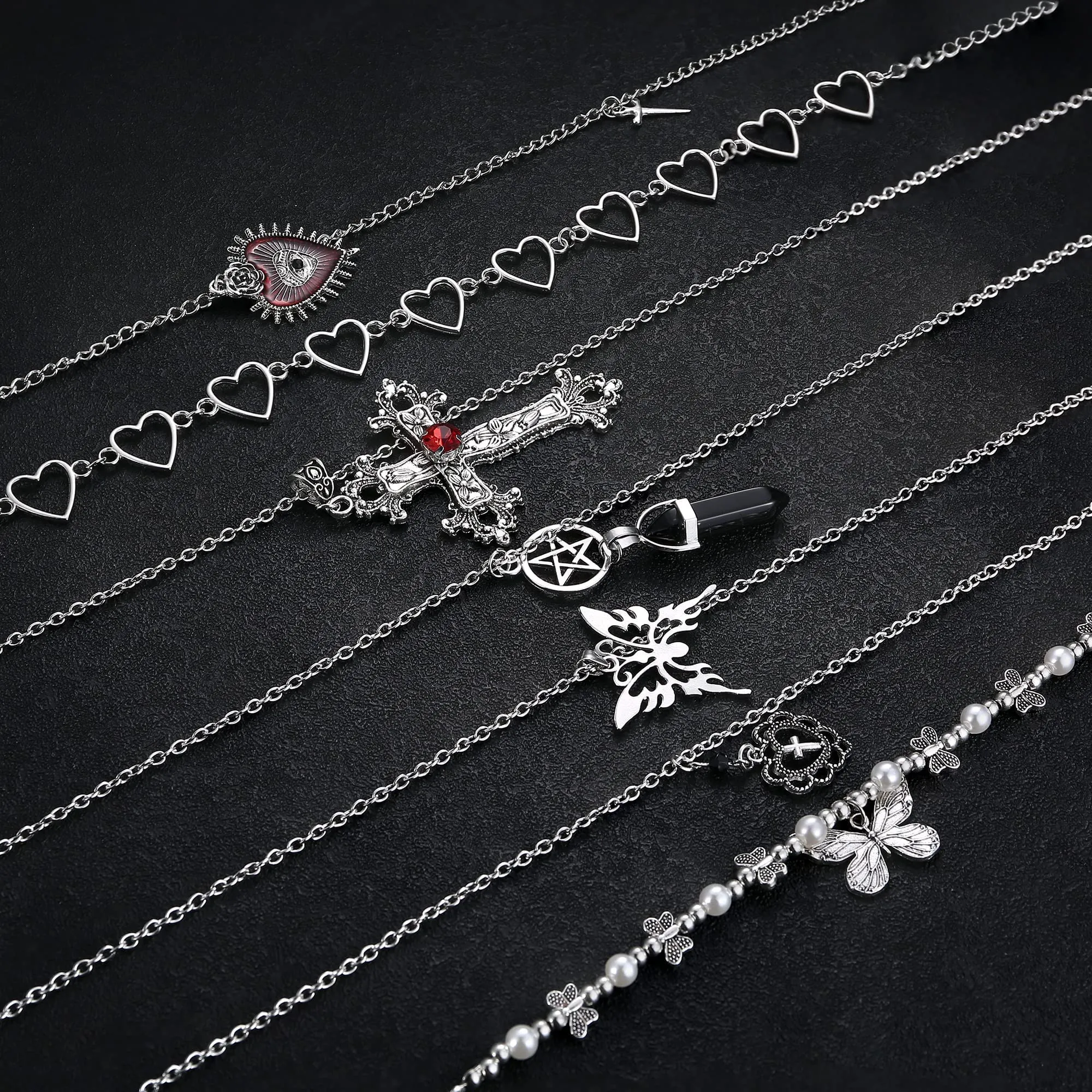 JeryWe Set Gioielli Gotici Grunge 33 Pezzi, Collane, Orecchini e Anelli Regolabili Punk Y2K - immagine 4