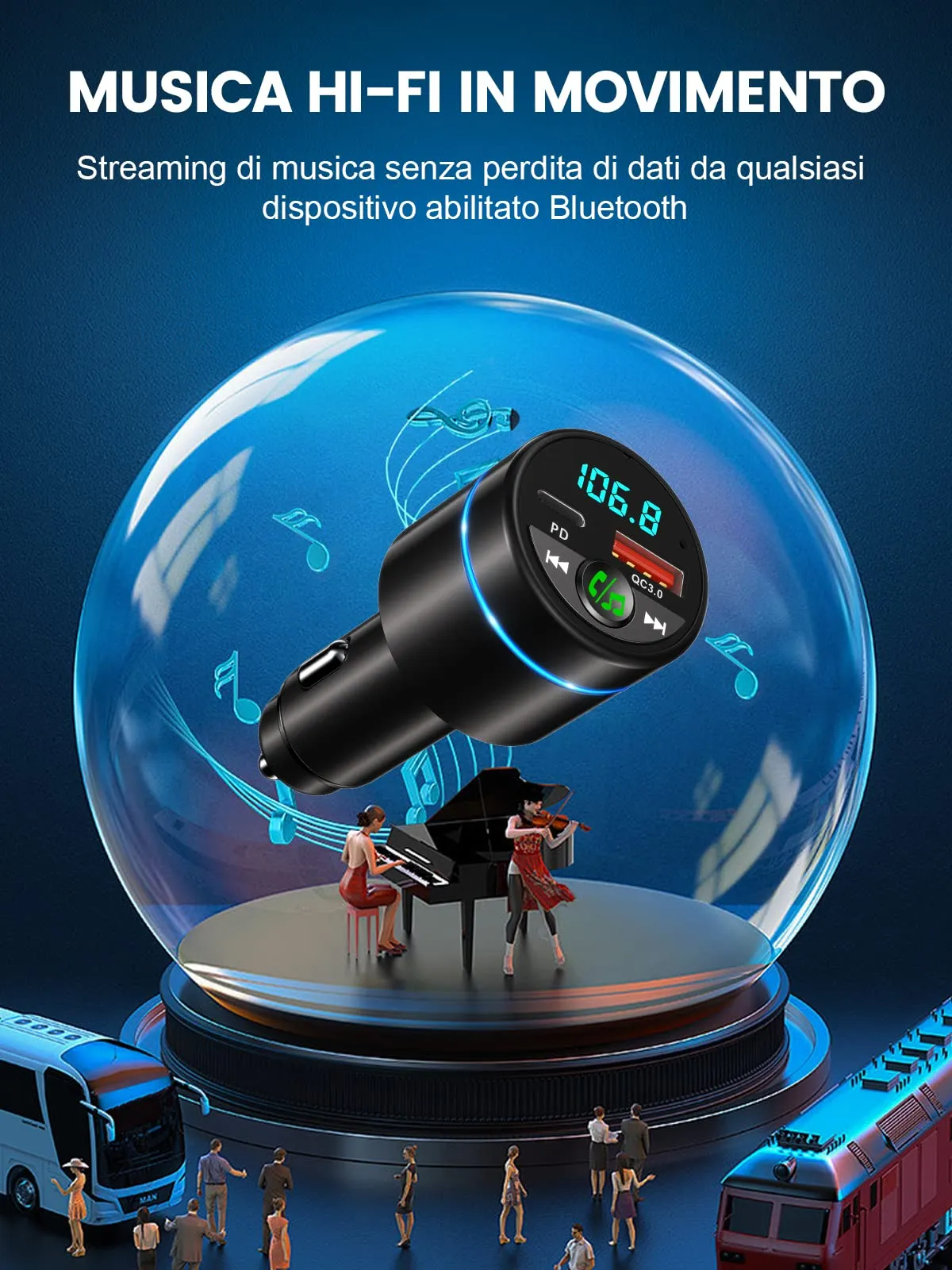Mohard Bluetooth 5.3 Auto Trasmettitore FM Adattatore BC61 in Metallo - immagine 3