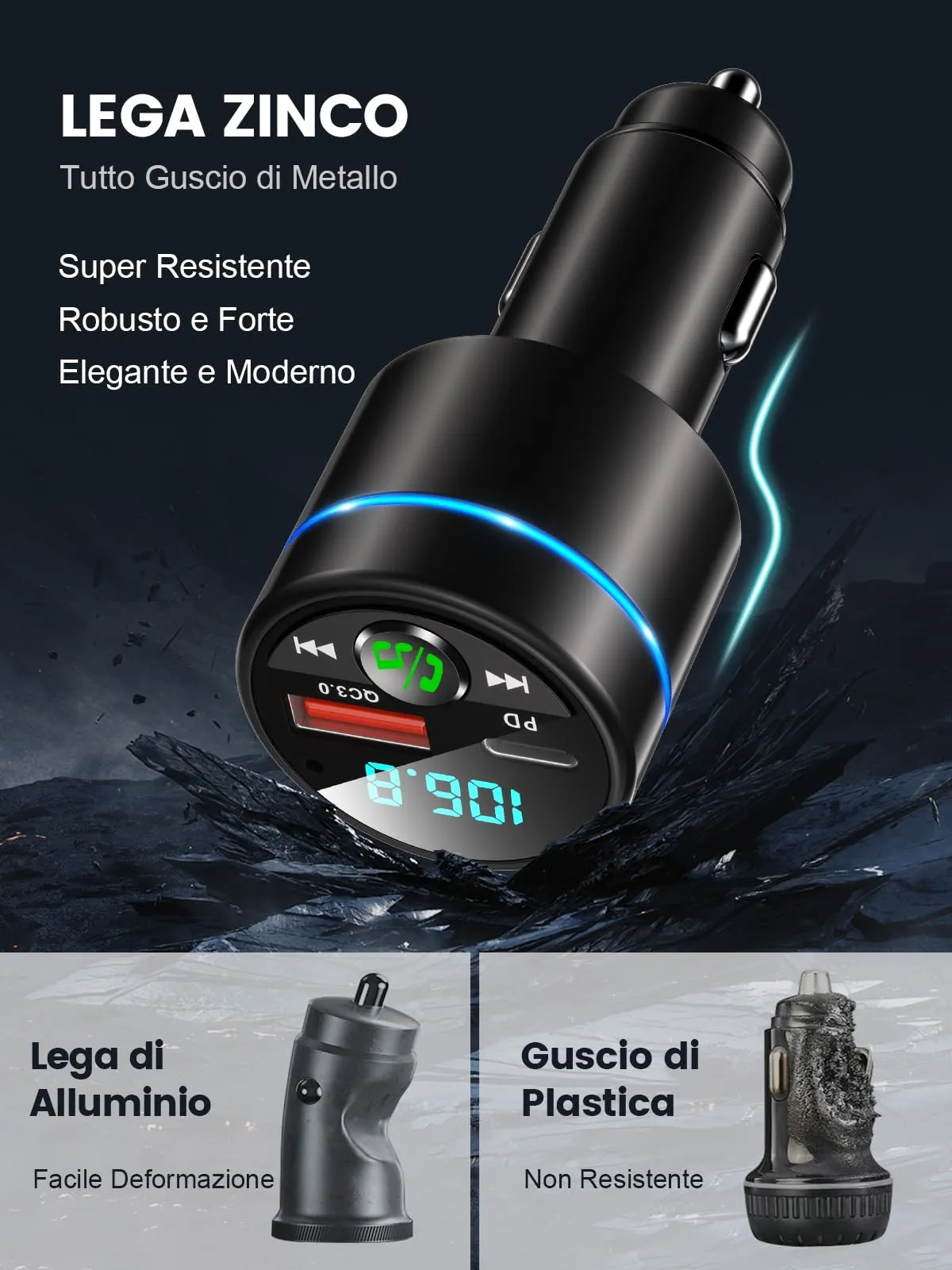 Mohard Bluetooth 5.3 Auto Trasmettitore FM Adattatore BC61 in Metallo - immagine 8