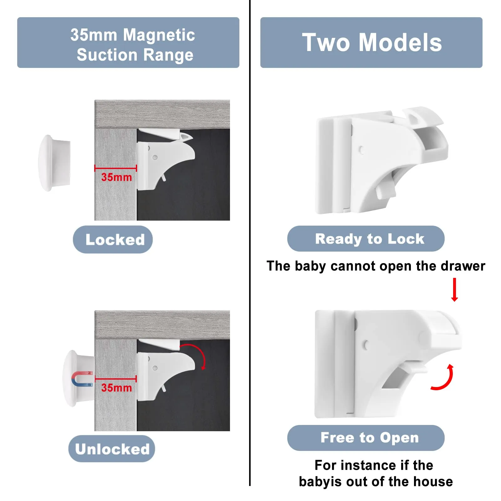Jewan Blocca Cassetti per Bambini, Serrature Magnetiche di Sicurezza, 12 Serrature + 3 Chiavi - immagine 3