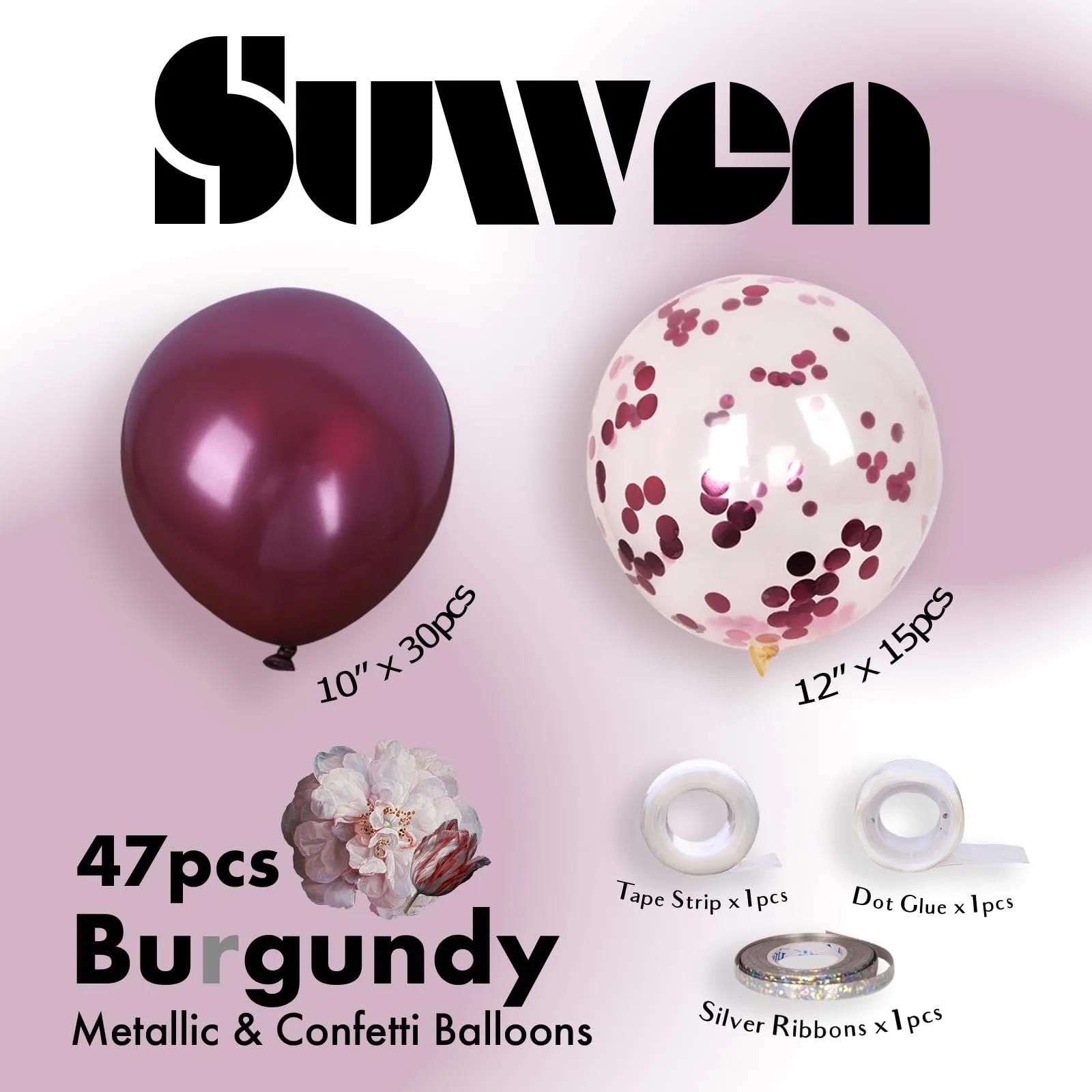 SUWEN Set 47 Pezzi Palloncini in Lattice e Confetti Bordeaux - immagine 2