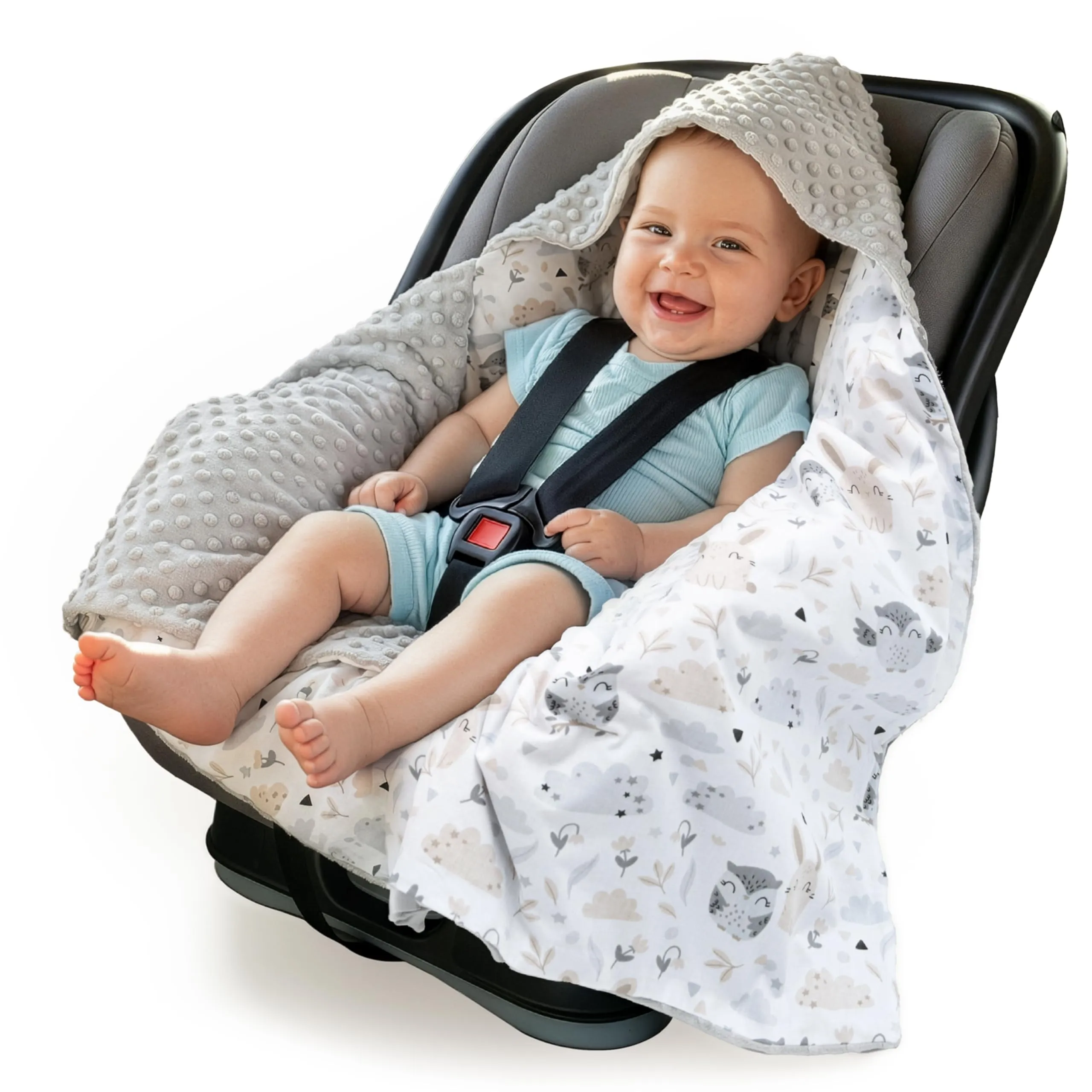 Medi Partners Coperta Neonato per Ovetto e Passeggino, 100% Cotone e Minky, 85x85cm, Radura con Minky Grigio - immagine 1