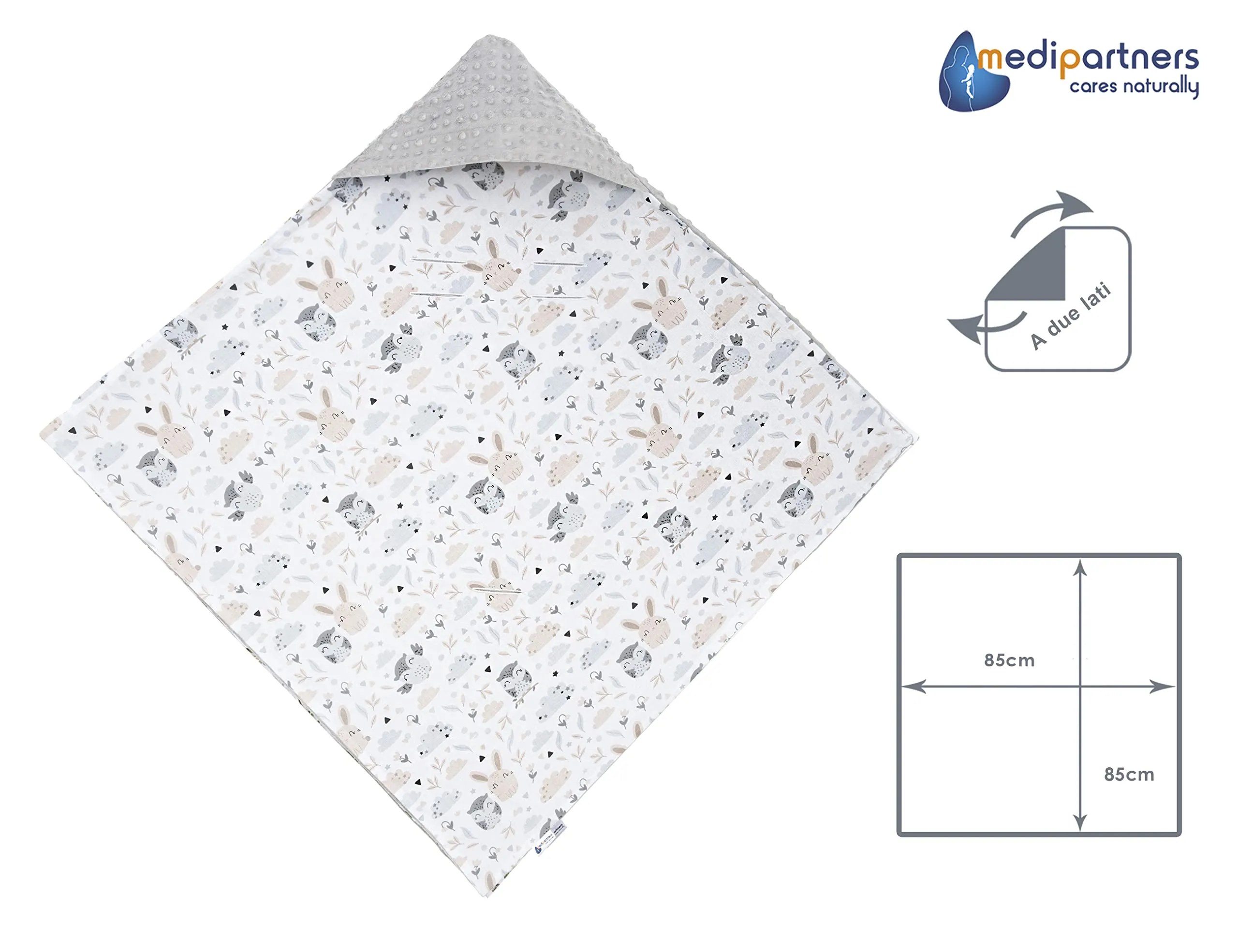 Medi Partners Coperta Neonato per Ovetto e Passeggino, 100% Cotone e Minky, 85x85cm, Radura con Minky Grigio - immagine 4