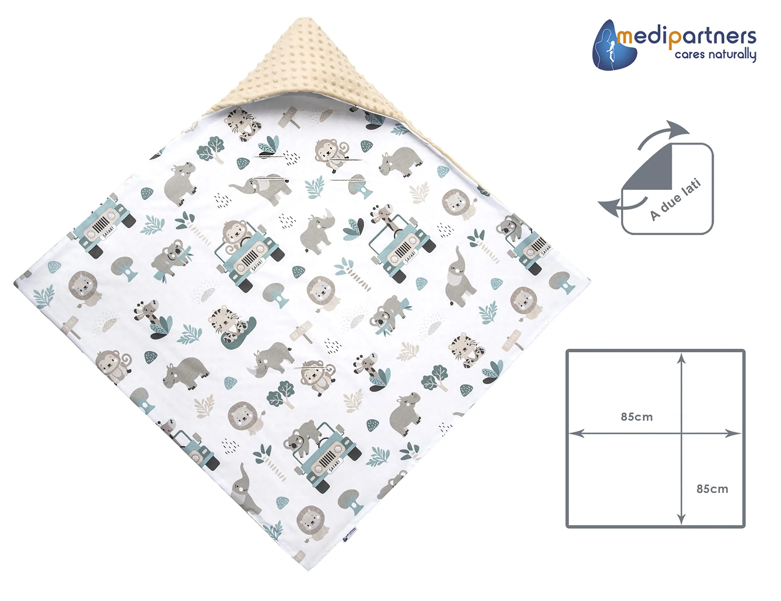 Medi Partners Coperta Neonato Universale in Cotone e Minky 85x85cm (Mint Zoo con Minky beige) - immagine 4