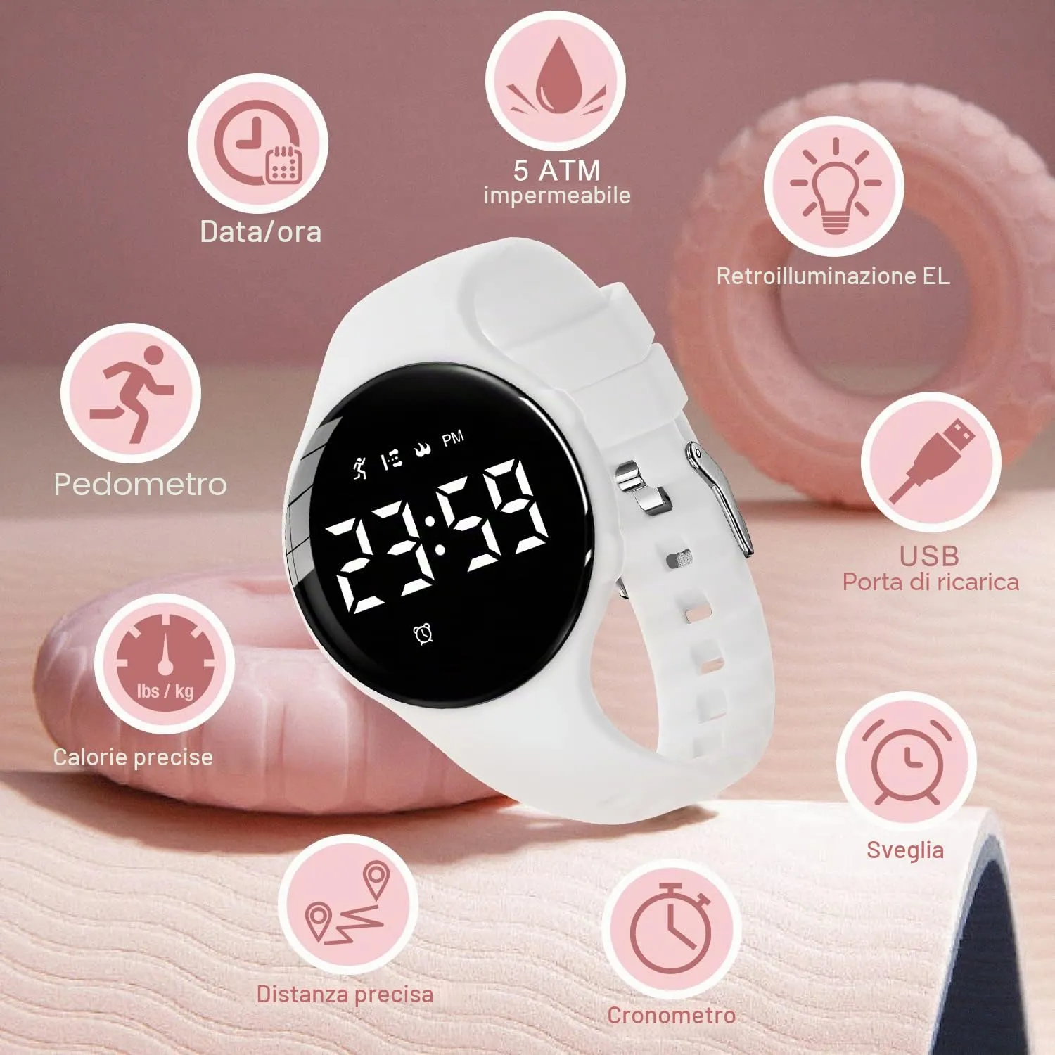 Ben Nevis T66A Orologio Digitale Fitness Tracker per Bambini e Ragazzi, Impermeabile, Ricaricabile, Cinturino in Silicone, Bianco - immagine 3