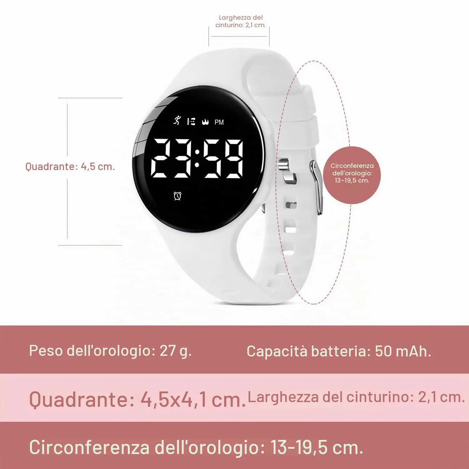 Ben Nevis T66A Orologio Digitale Fitness Tracker per Bambini e Ragazzi, Impermeabile, Ricaricabile, Cinturino in Silicone, Bianco - immagine 6