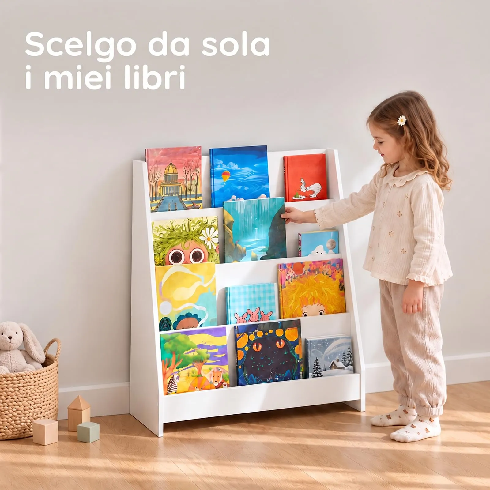 SoBuy Libreria Montessori Bianca, 80cm, 4 Piani, Angoli Tondi, Antiribaltamento - immagine 3