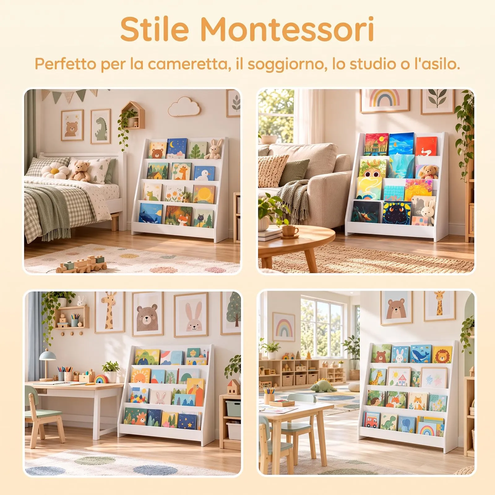 SoBuy Libreria Montessori Bianca, 80cm, 4 Piani, Angoli Tondi, Antiribaltamento - immagine 6