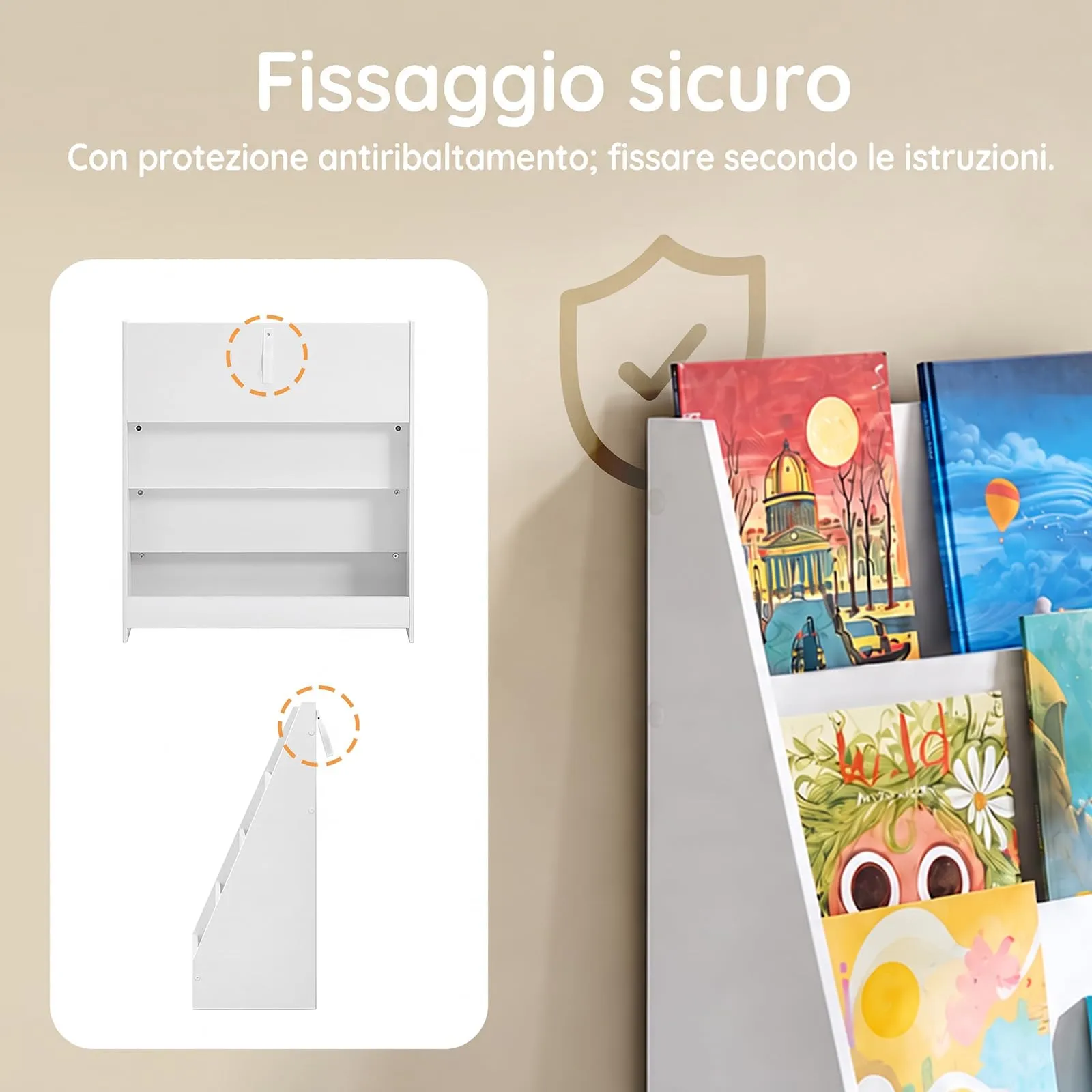 SoBuy Libreria Montessori Bianca, 80cm, 4 Piani, Angoli Tondi, Antiribaltamento - immagine 7